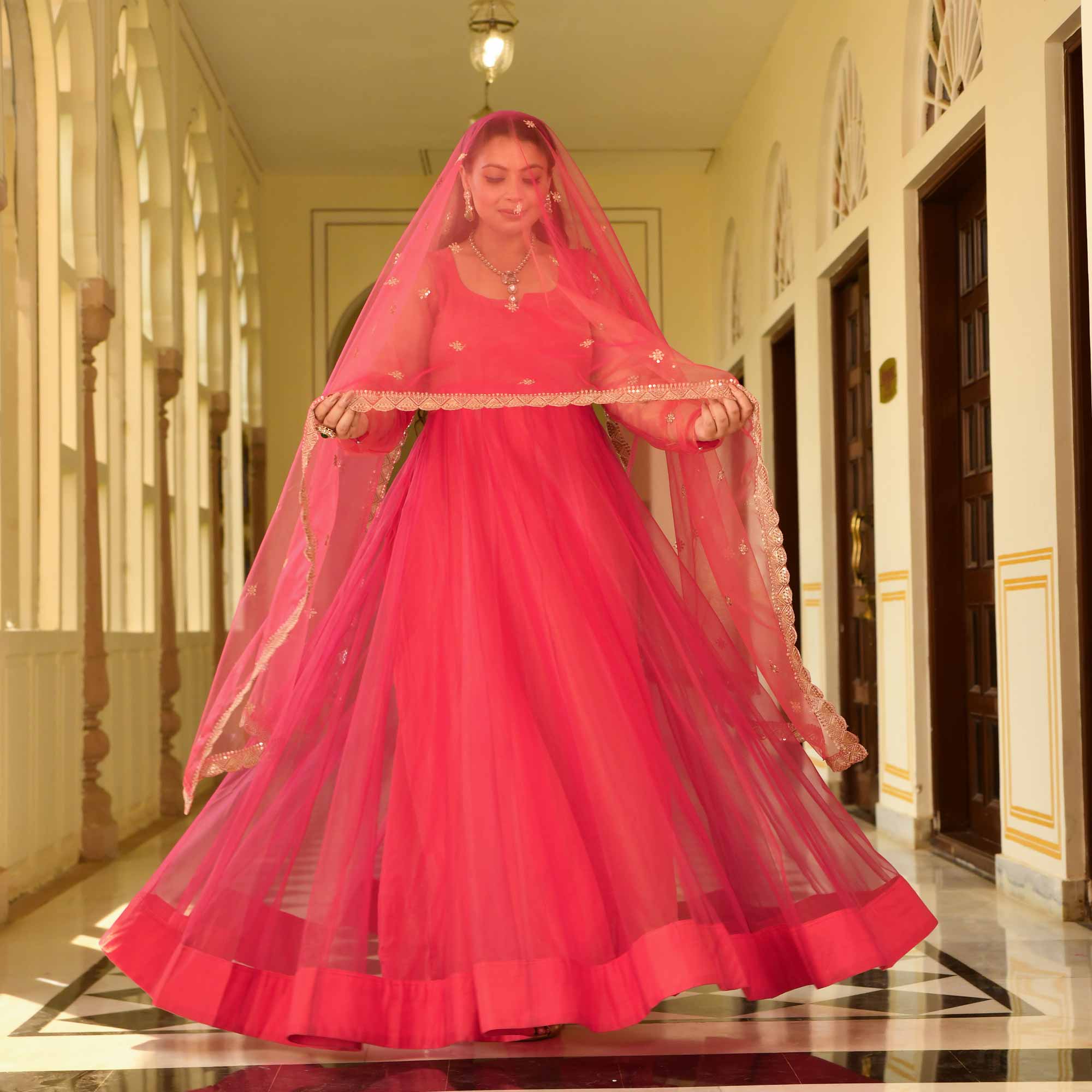 Coral Crush Glam Tissue Net Anarkali Set