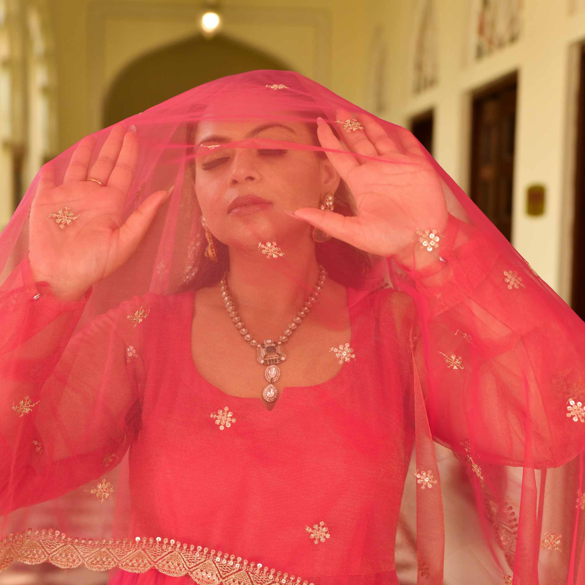 Coral Crush Glam Tissue Net Anarkali Set