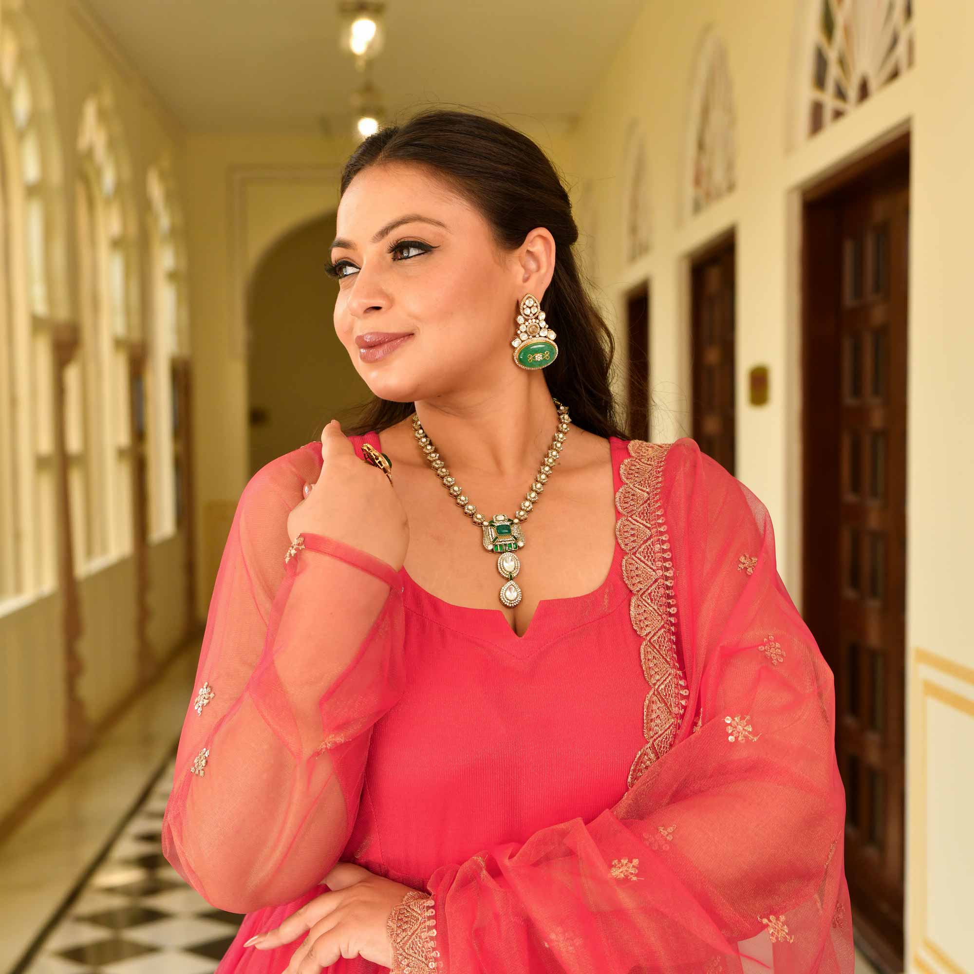 Coral Crush Glam Tissue Net Anarkali Set