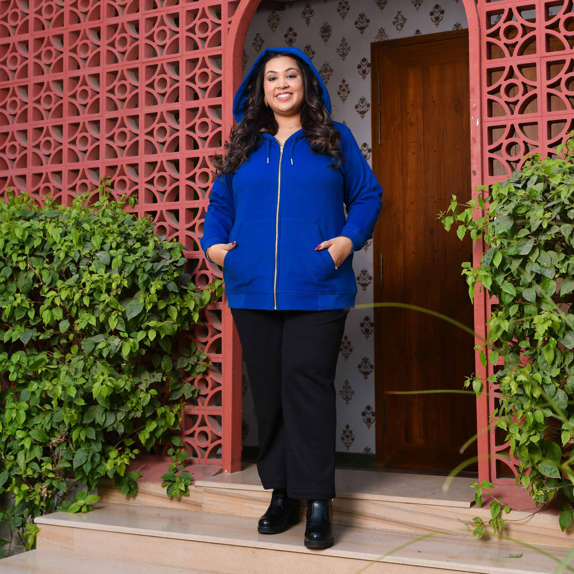 Royal Blue Woollen Fleece Zipper Hoodie Jacket