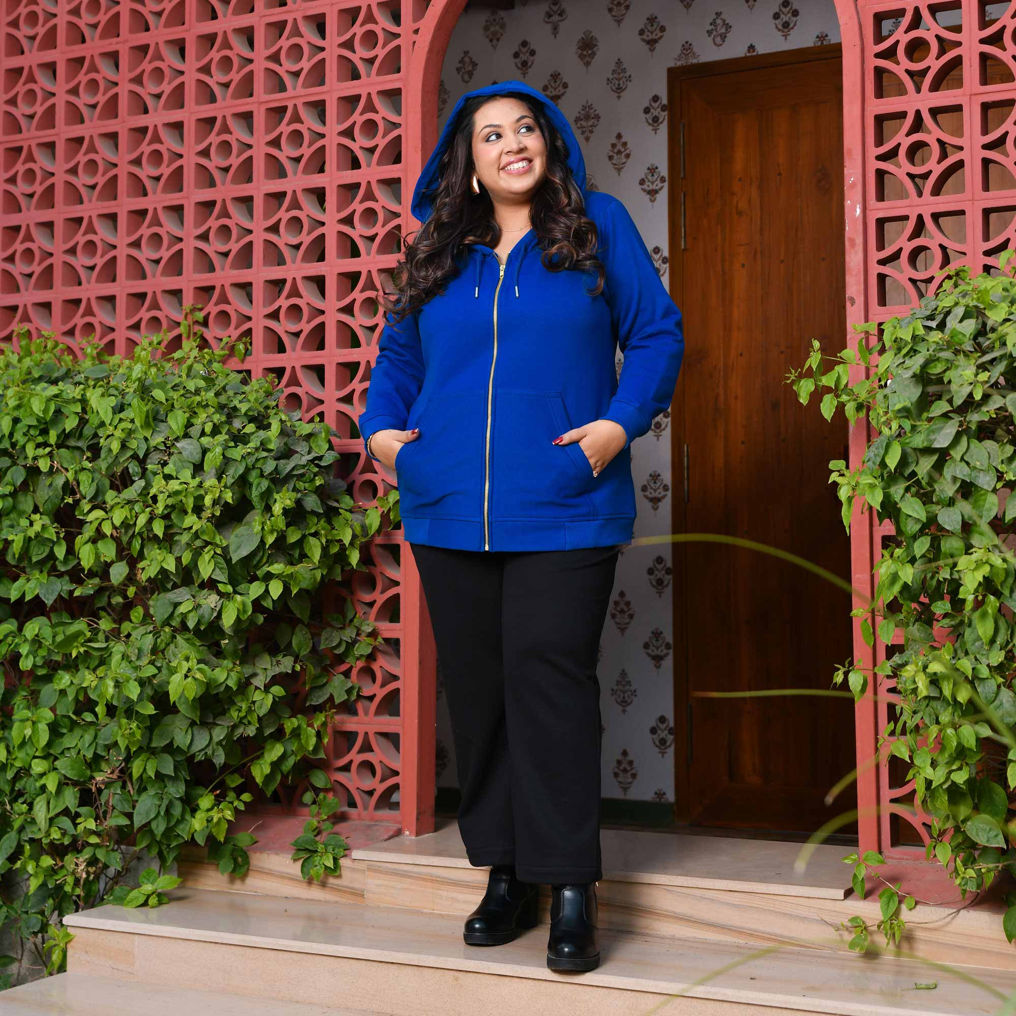 Royal Blue Woollen Fleece Zipper Hoodie Jacket