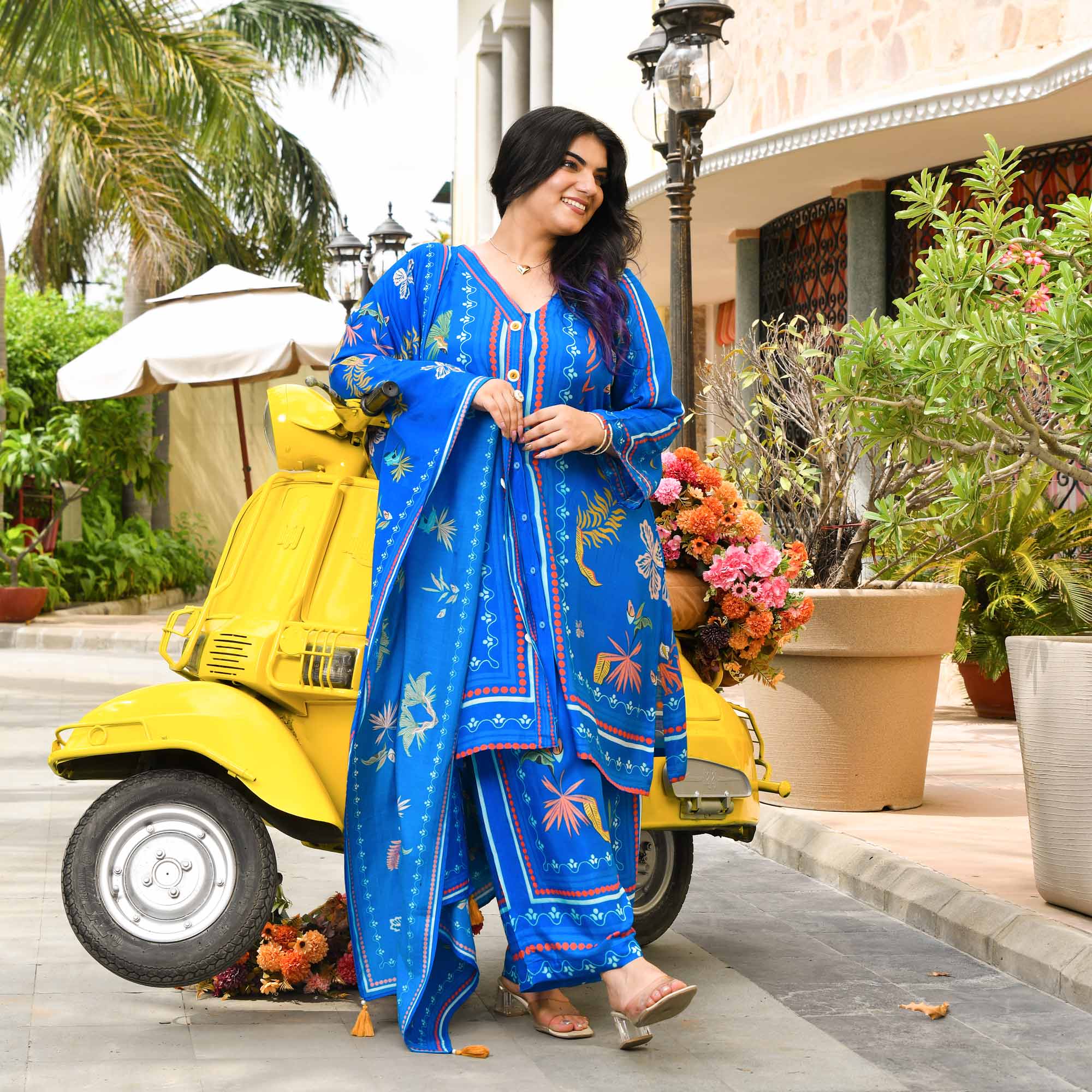 Teena- Electric Blue Tropical Pure Muslin Suit Set