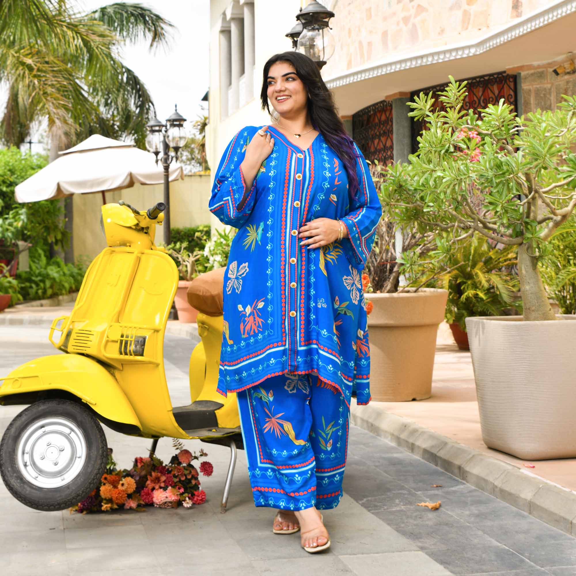 Teena- Electric Blue Tropical Pure Muslin Co-ord Set