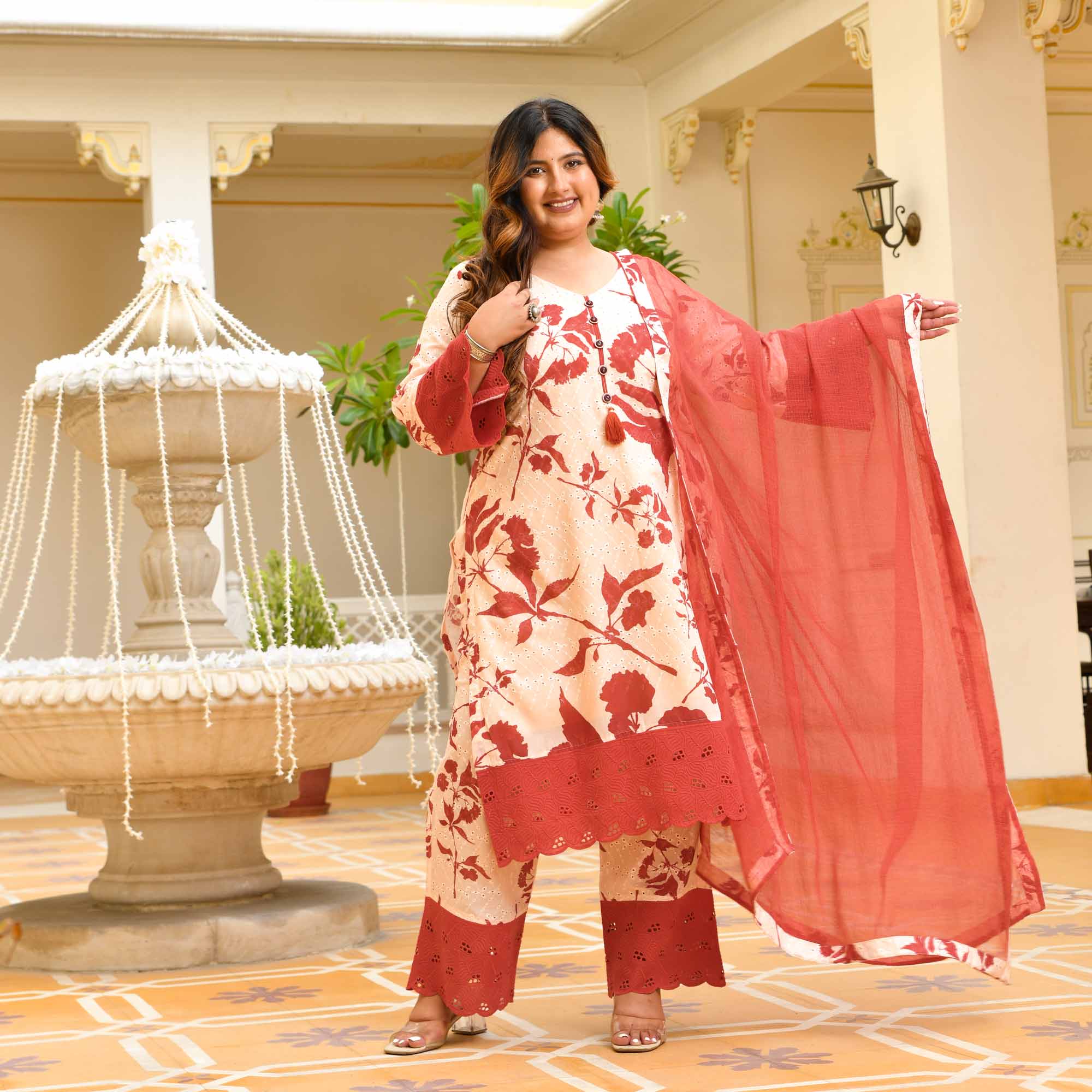 Vanika- Off-white & Rust Floral Schiffli Laced Suit Set