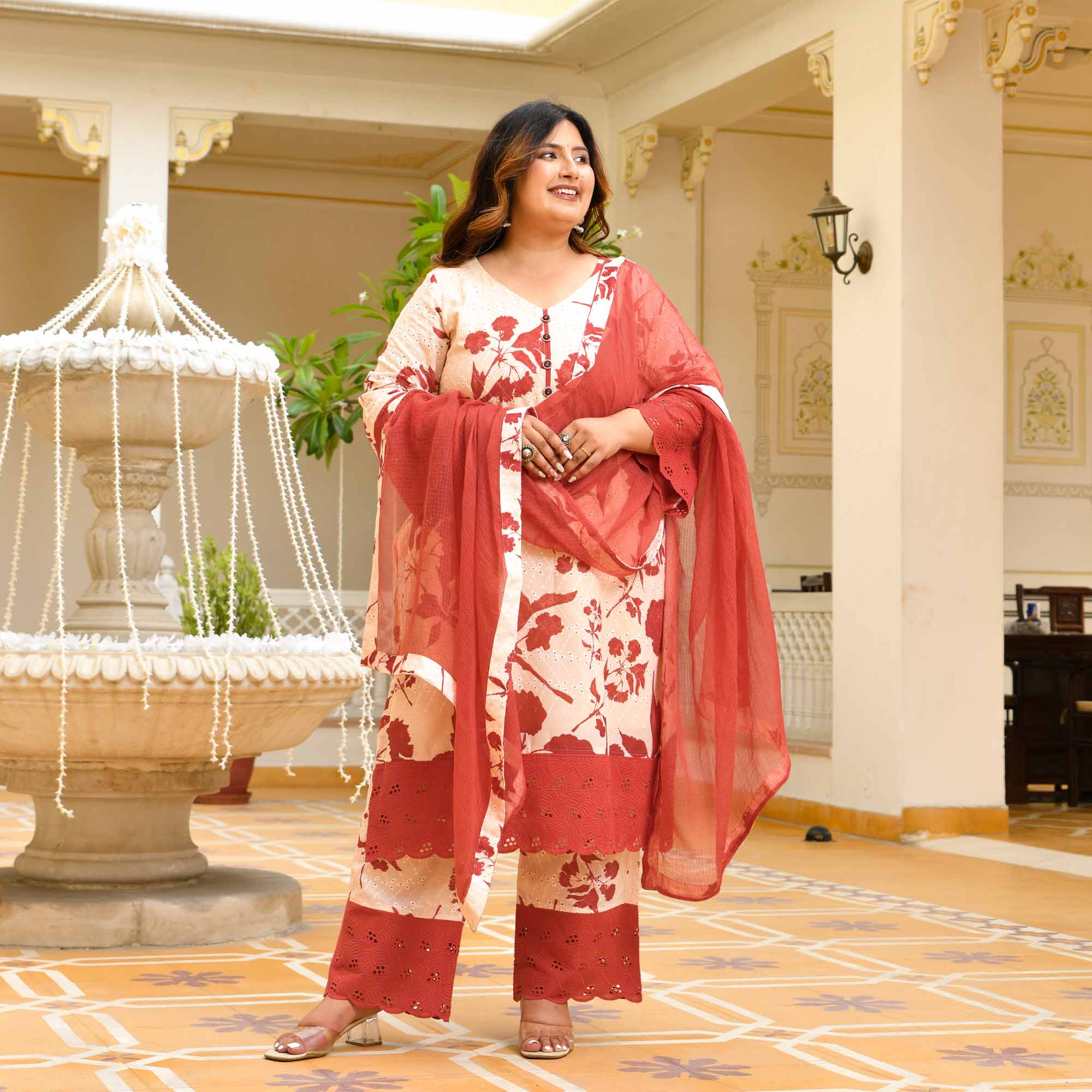 Vanika- Off-white & Rust Floral Schiffli Laced Suit Set