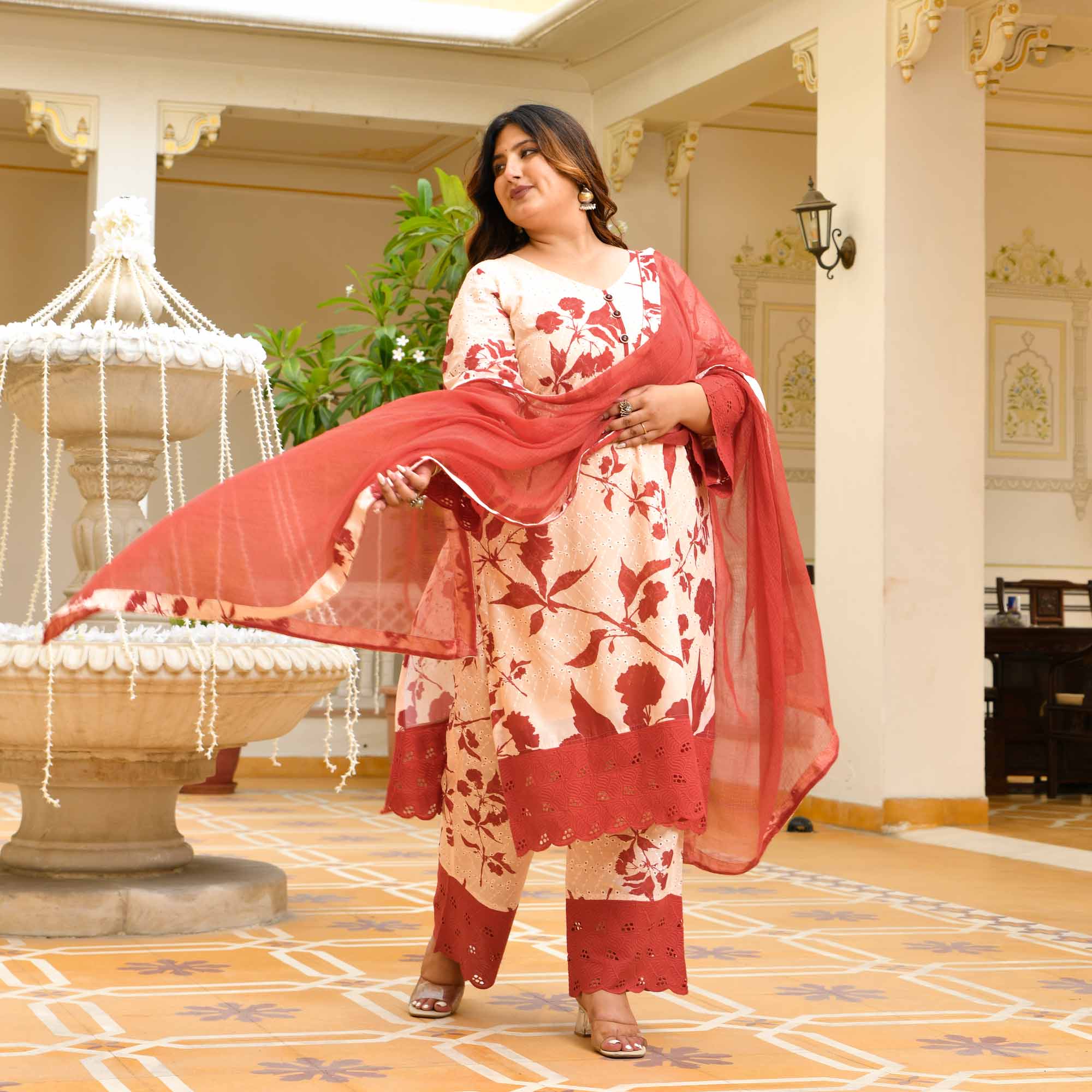 Vanika- Off-white & Rust Floral Schiffli Laced Suit Set
