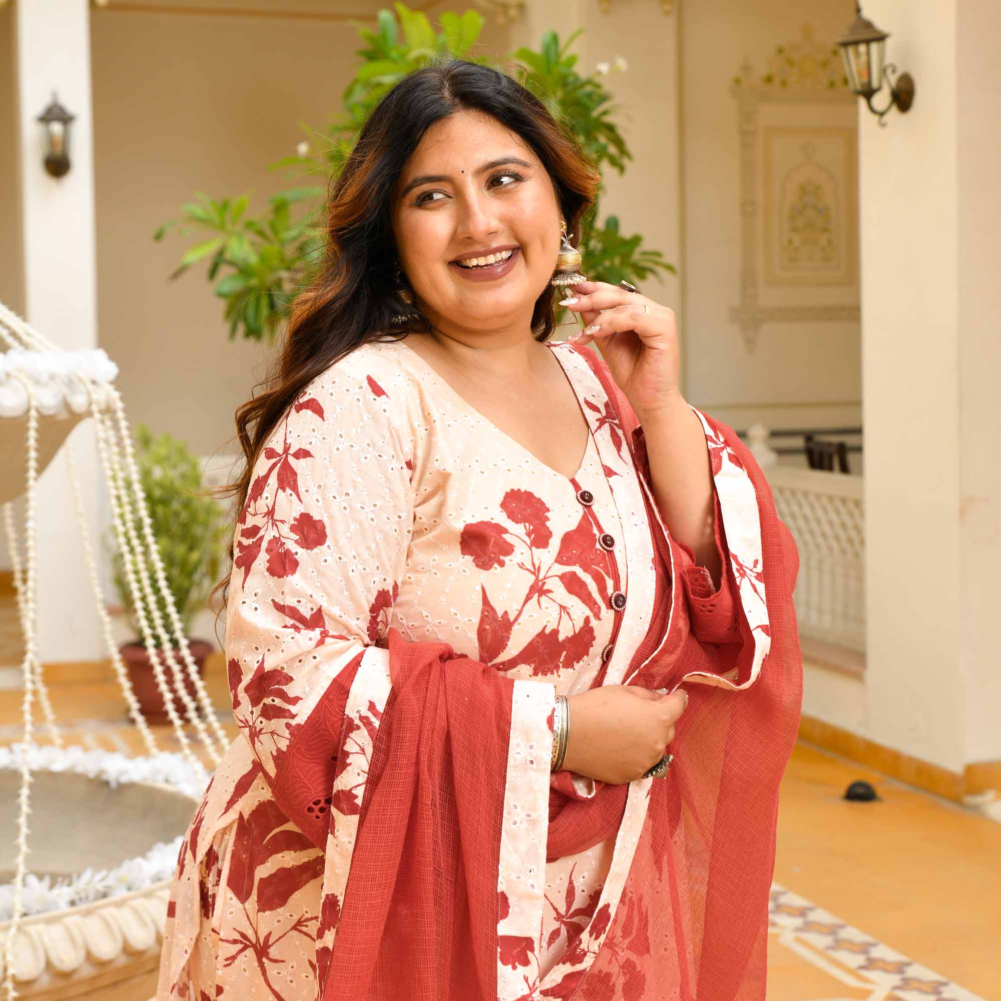 Vanika- Off-white & Rust Floral Schiffli Laced Suit Set