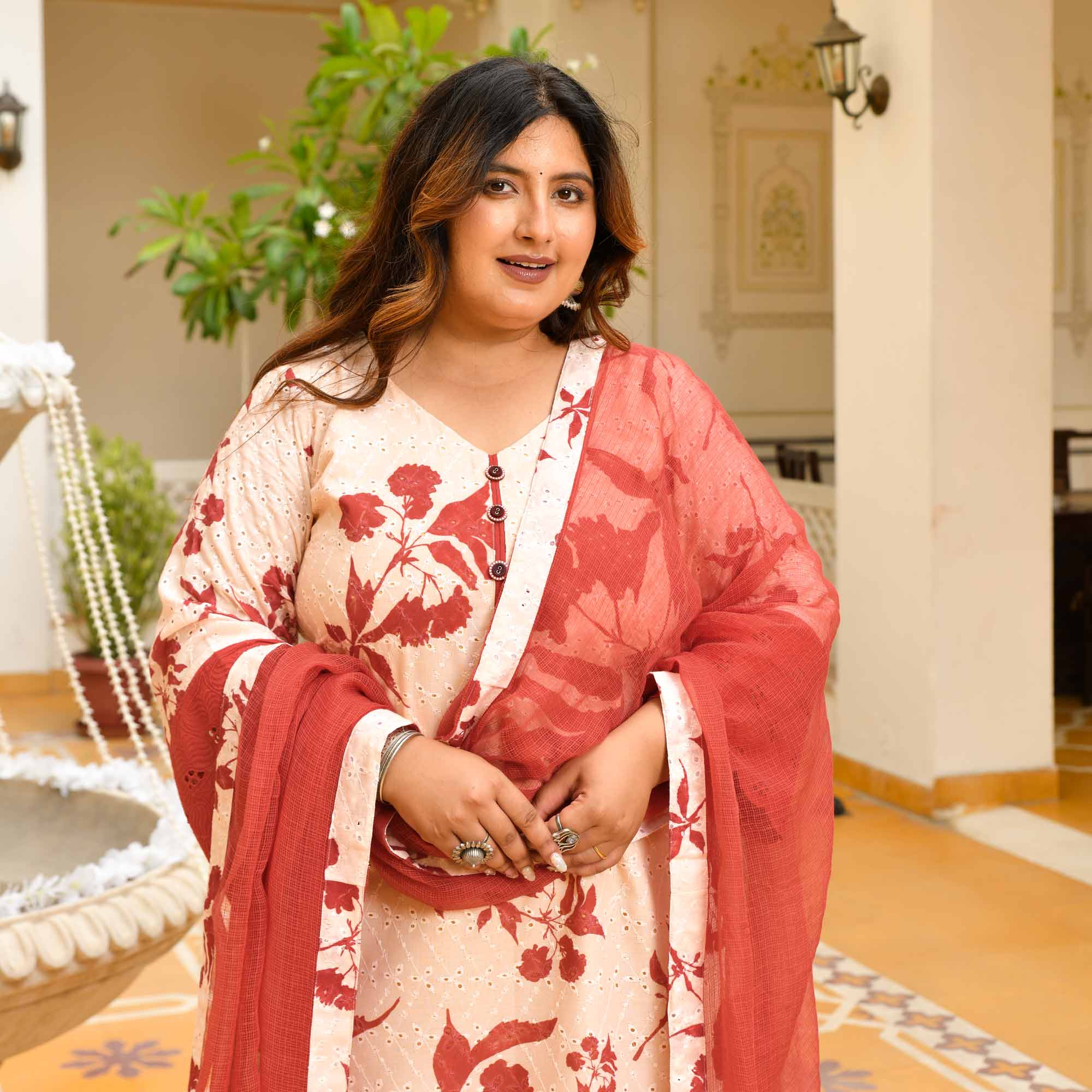 Vanika- Off-white & Rust Floral Schiffli Laced Suit Set