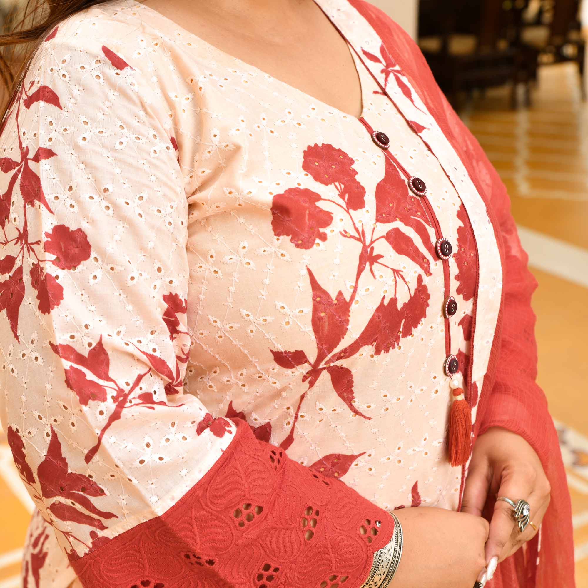 Vanika- Off-white & Rust Floral Schiffli Laced Suit Set