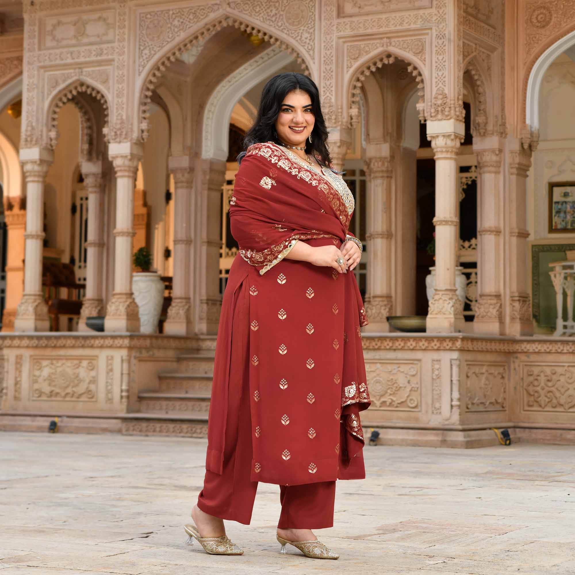 Sheesh Mahal - Rust Orange Pure Georgette Embroidery Suit Set