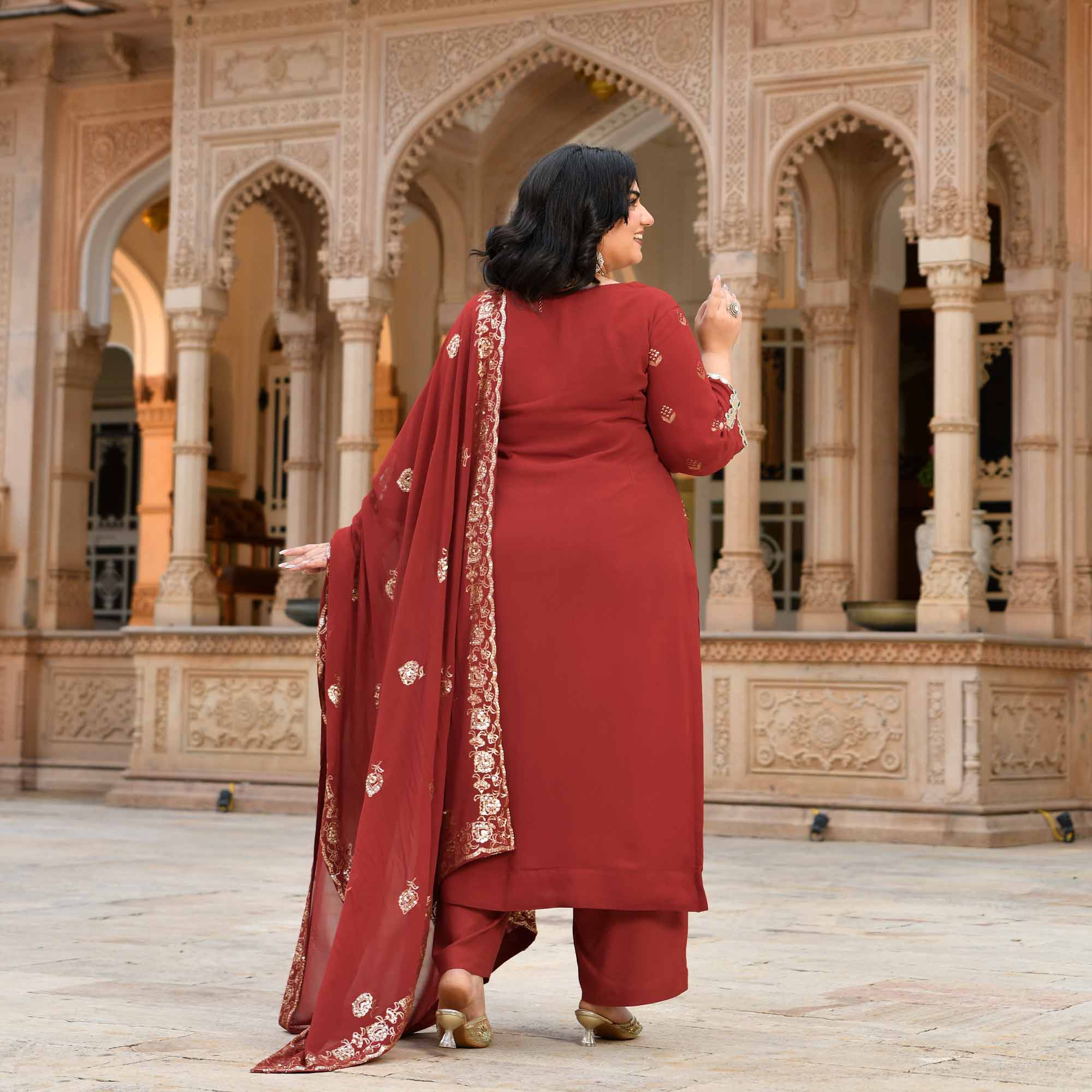 Sheesh Mahal - Rust Orange Pure Georgette Embroidery Suit Set
