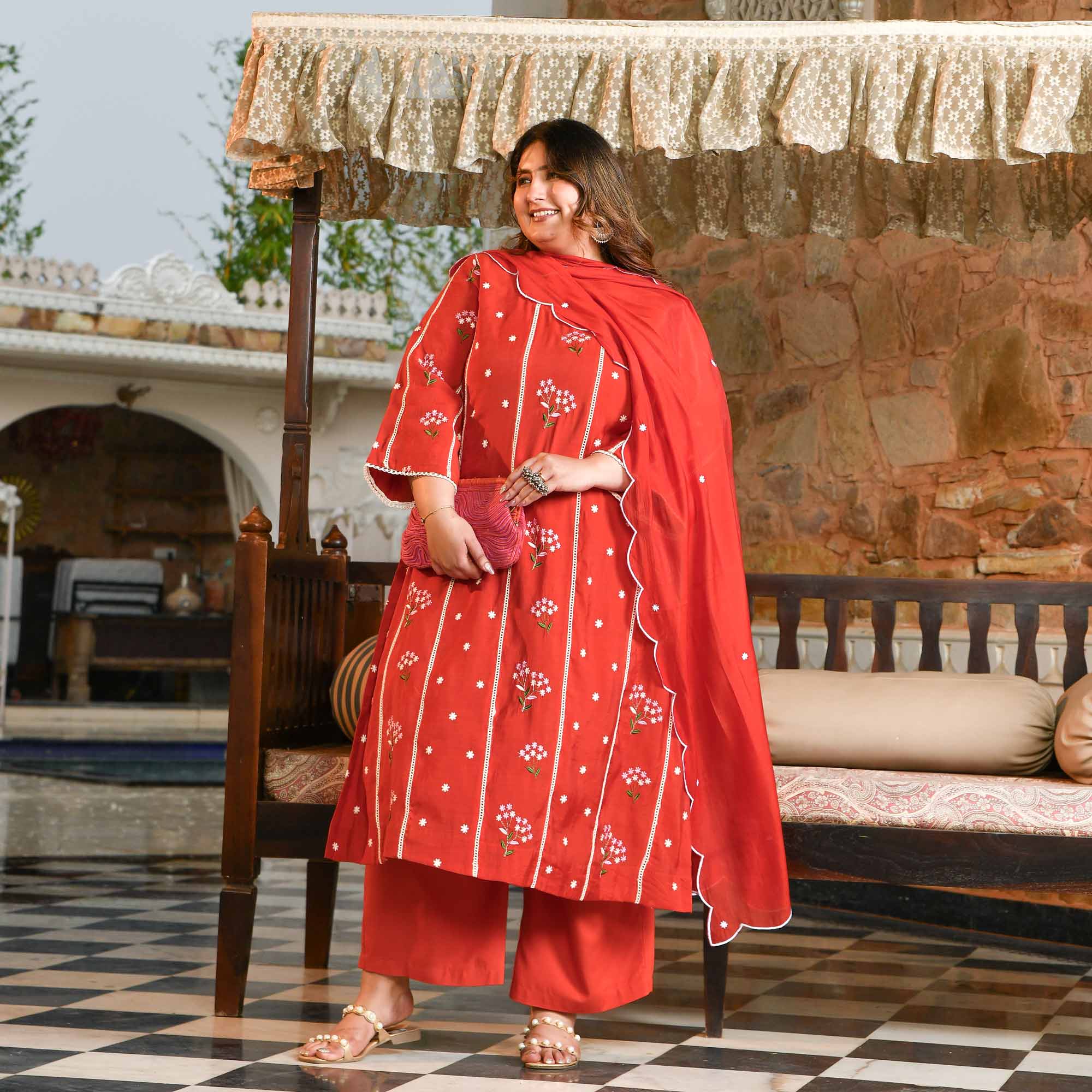 Apple Rush- Rust Orange Thread Embroidered Mul Chanderi Suit Set