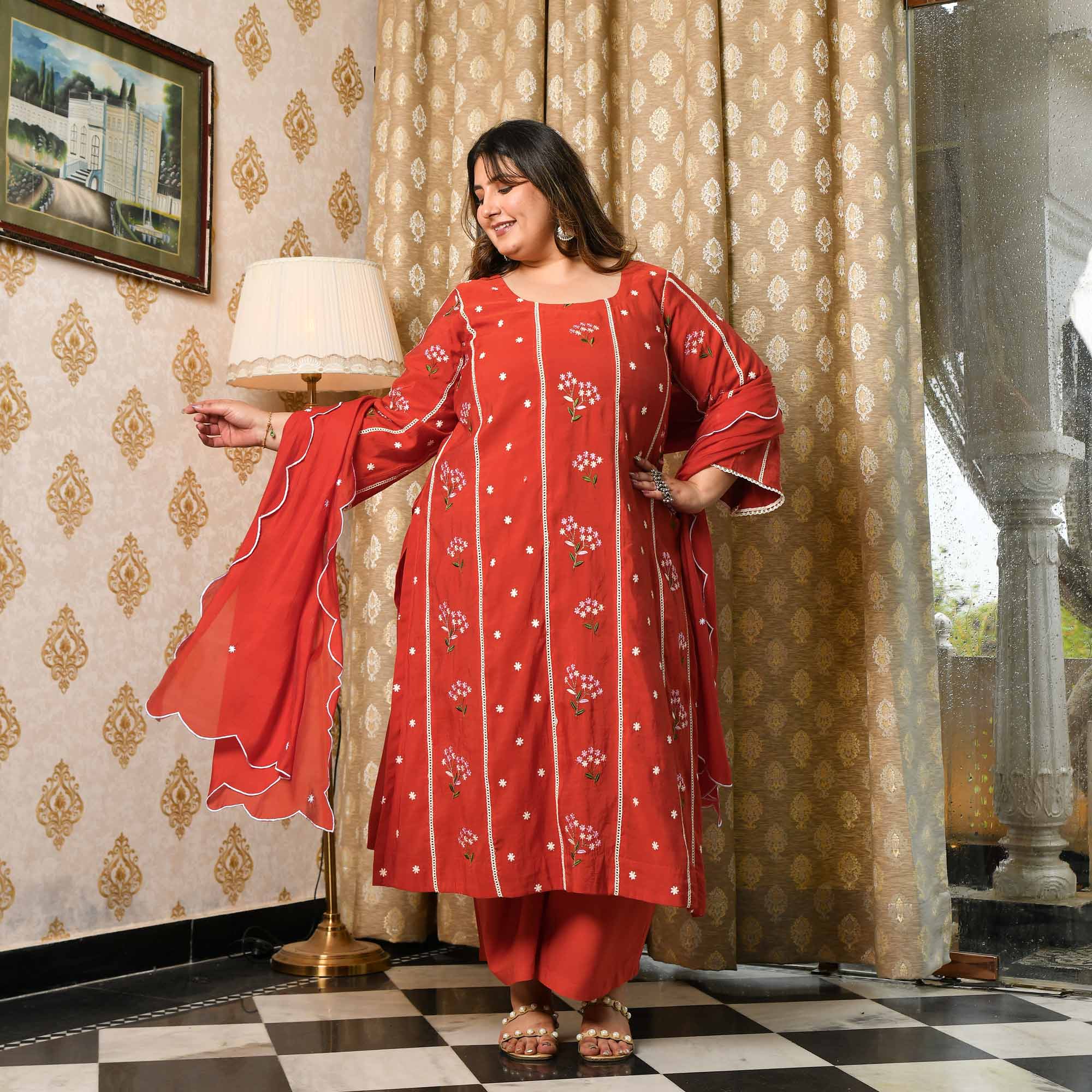 Apple Rush- Rust Orange Thread Embroidered Mul Chanderi Suit Set