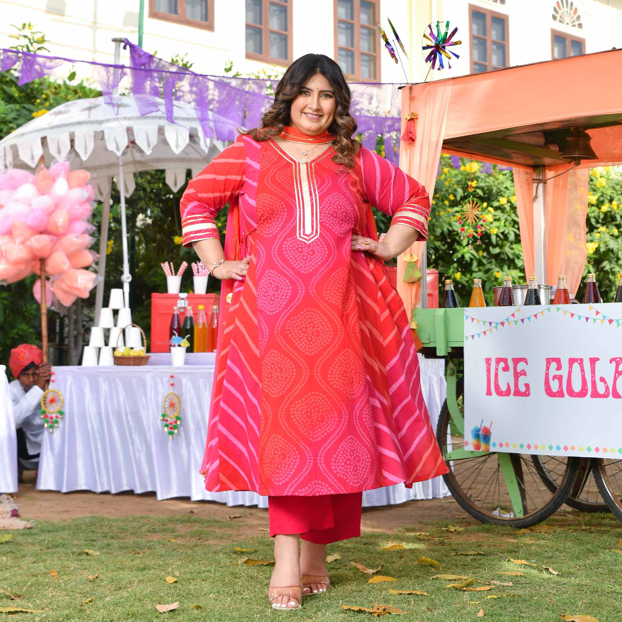 Roohafza- Rani & Red Bandhani Leheriya Printed Aline Slit Suit Set