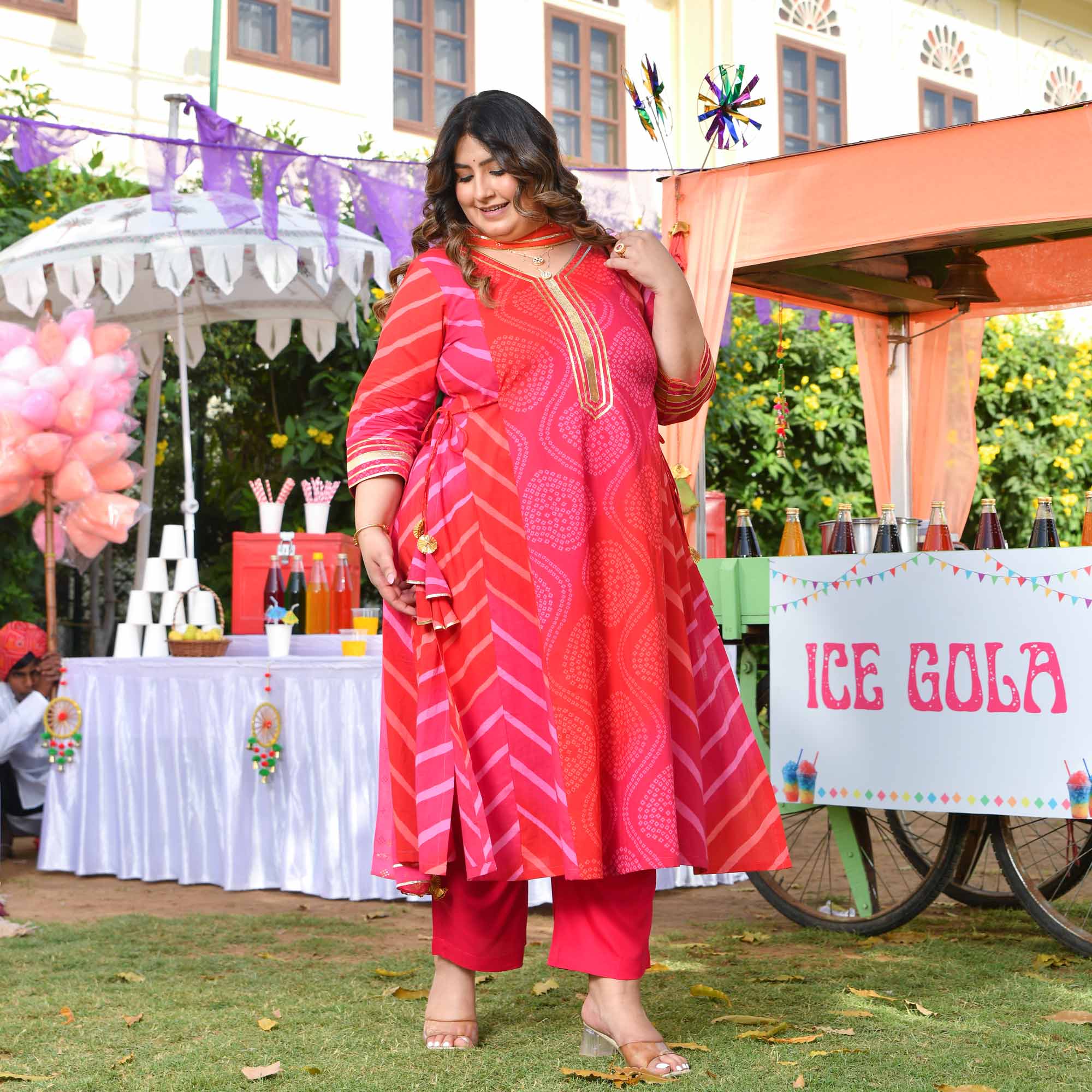 Roohafza- Rani & Red Bandhani Leheriya Printed Aline Slit Suit Set