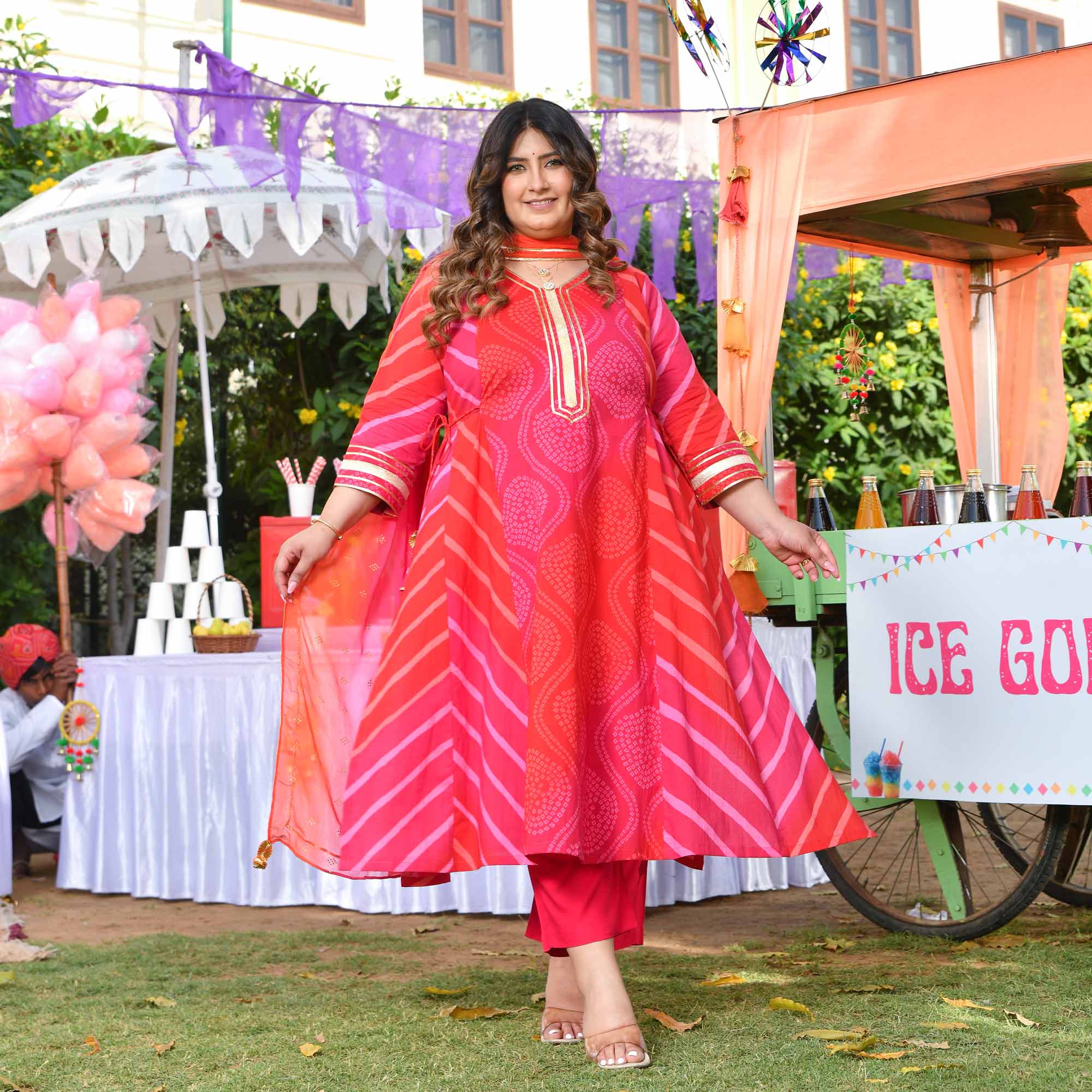 Roohafza- Rani & Red Bandhani Leheriya Printed Aline Slit Suit Set