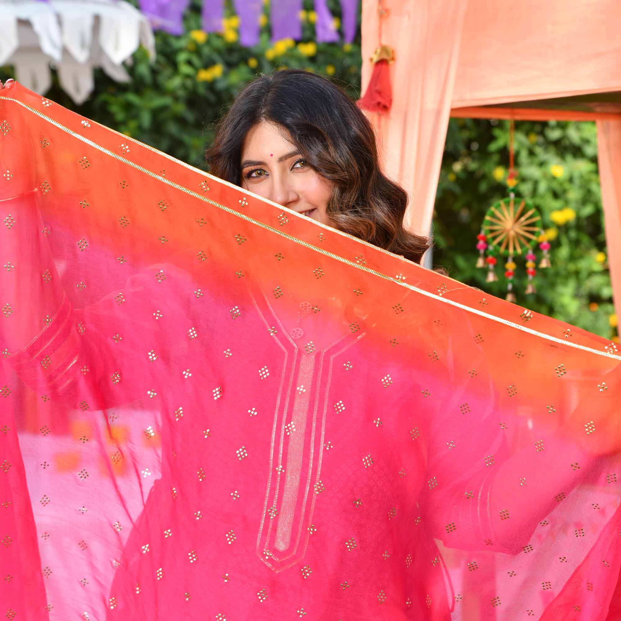 Roohafza- Rani & Red Bandhani Leheriya Printed Aline Slit Suit Set