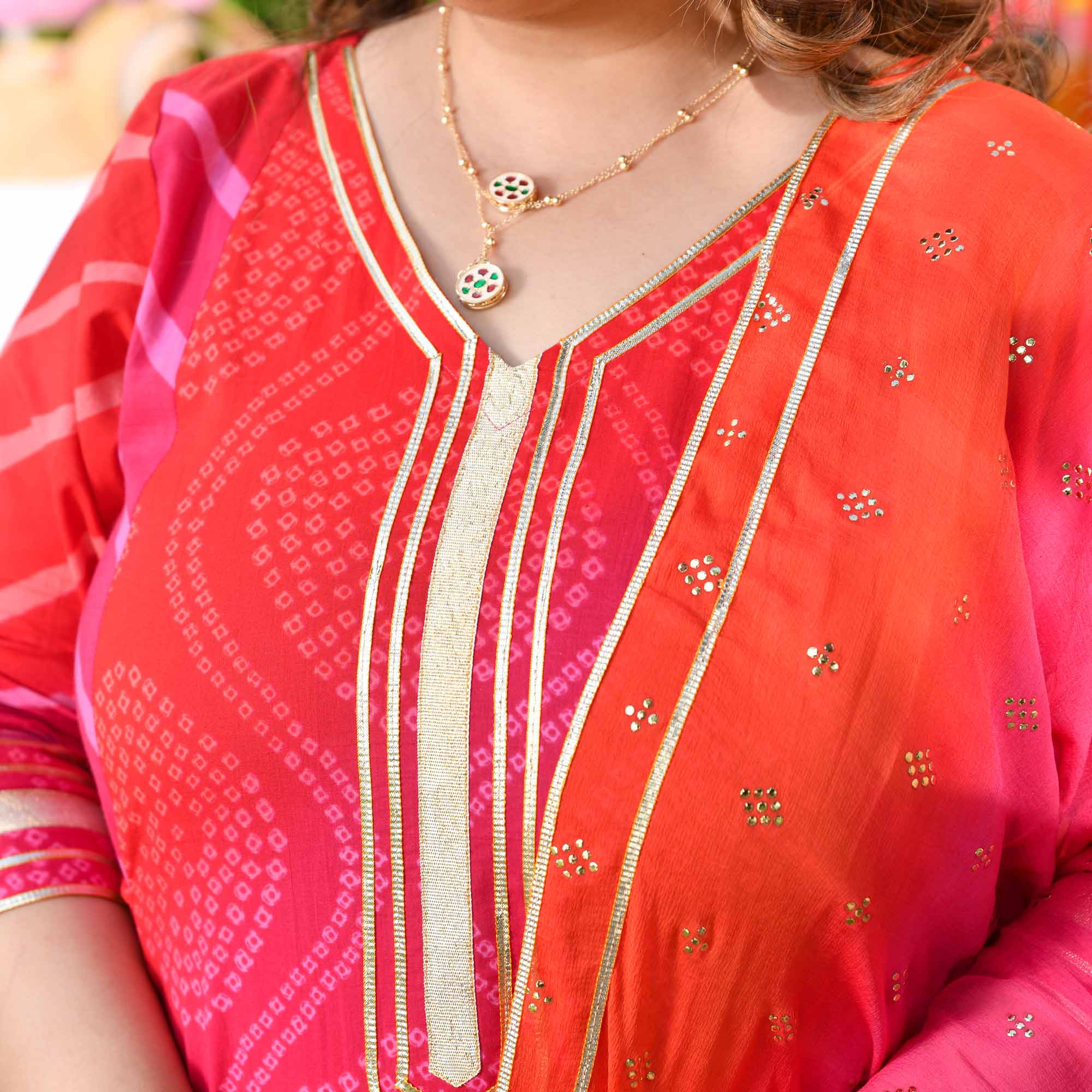 Roohafza- Rani & Red Bandhani Leheriya Printed Aline Slit Suit Set