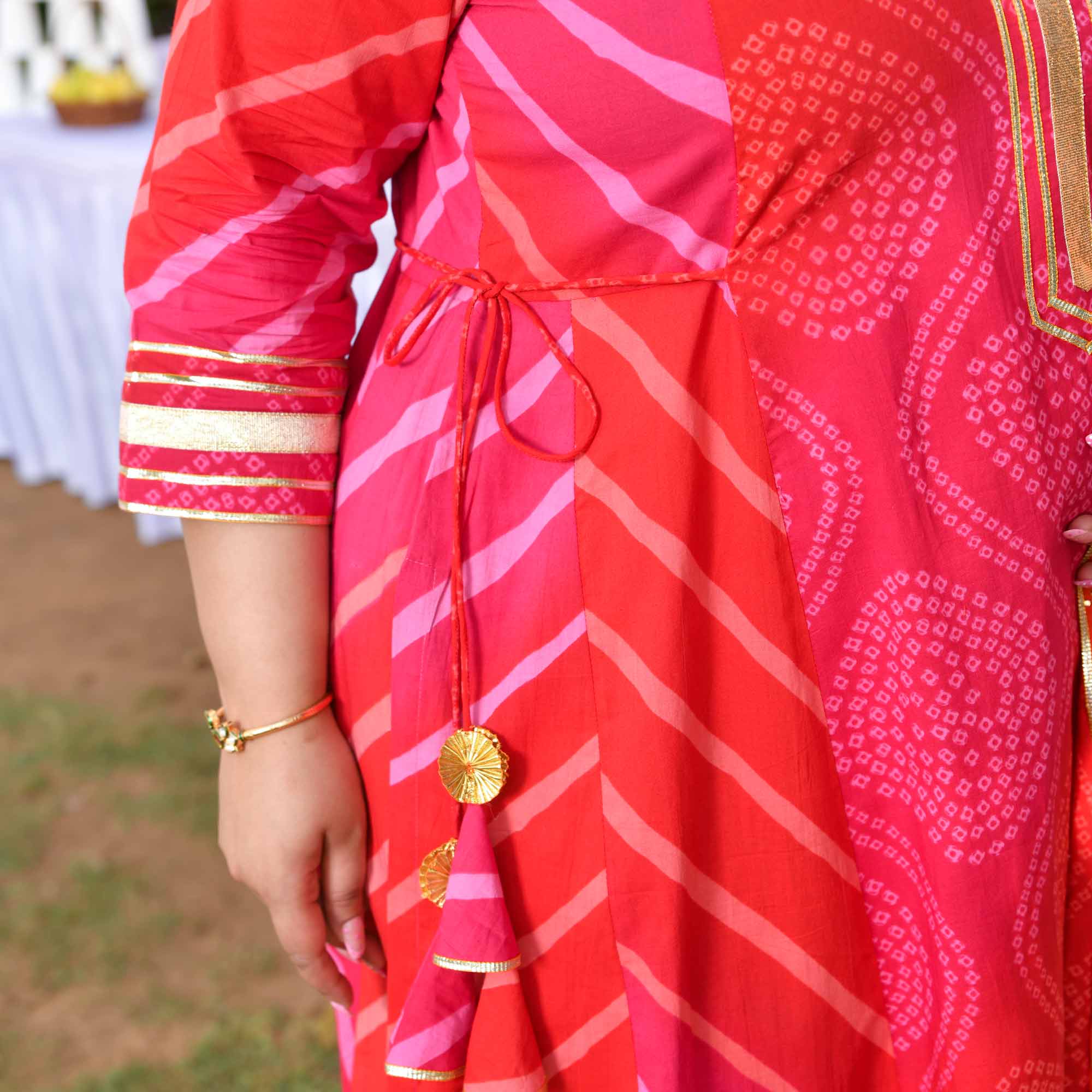 Roohafza- Rani & Red Bandhani Leheriya Printed Aline Slit Suit Set