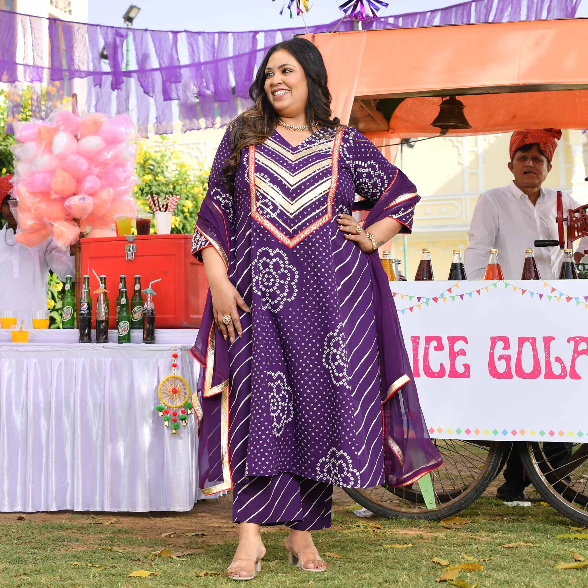 Kala Khatta- Deep Purple Bandhani Leheriya Aline Slit Suit Set