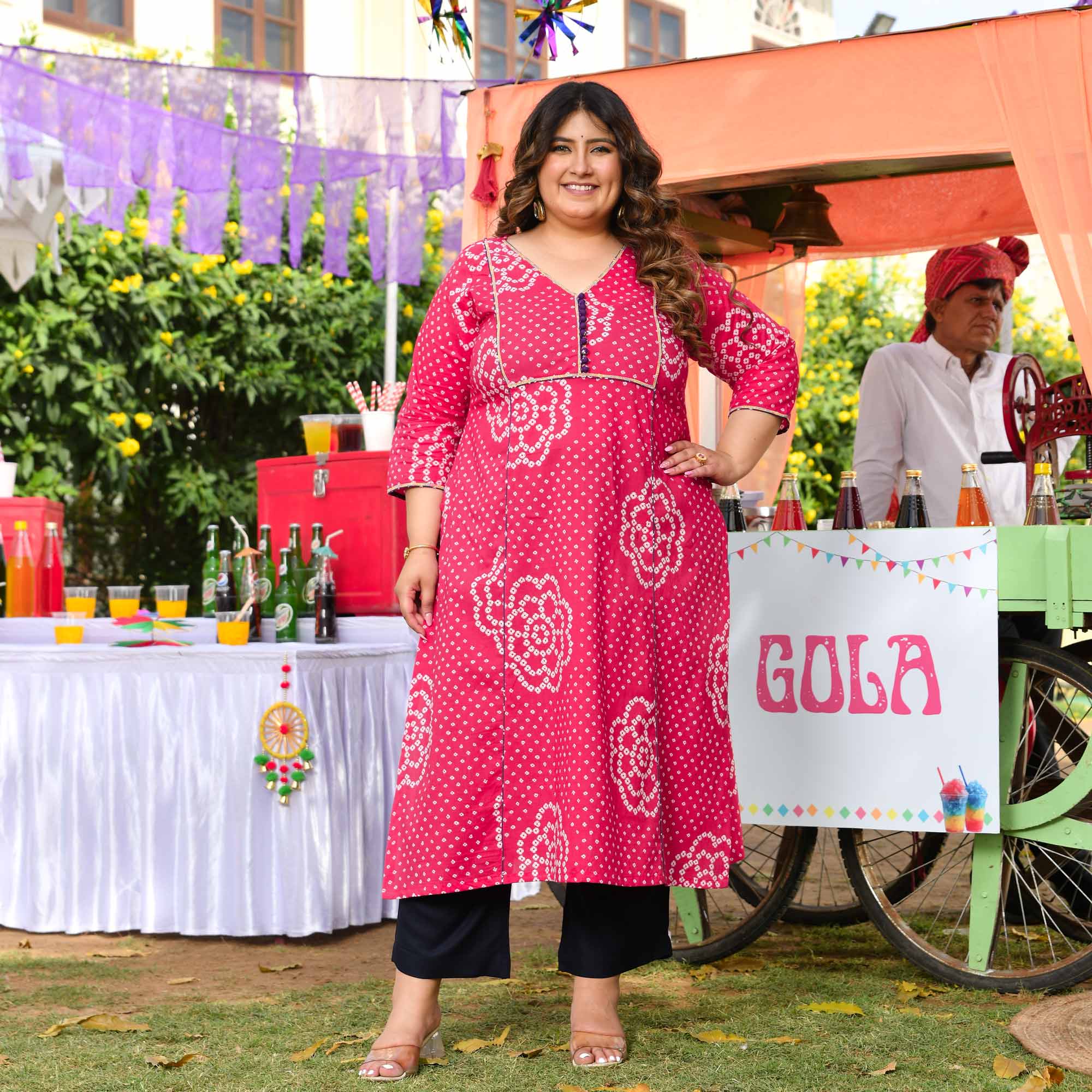 Gulkand- Raspberry Pink Bandhani Printed Pure Cotton Aline Slit Kurta