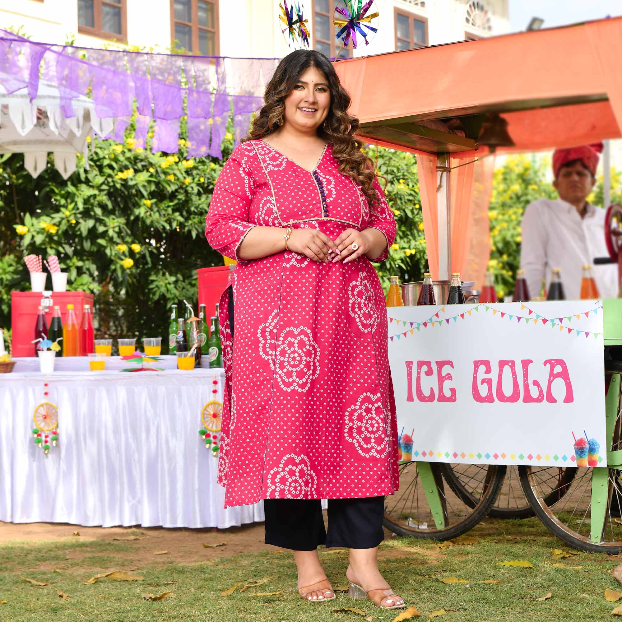 Gulkand- Raspberry Pink Bandhani Printed Pure Cotton Aline Slit Kurta
