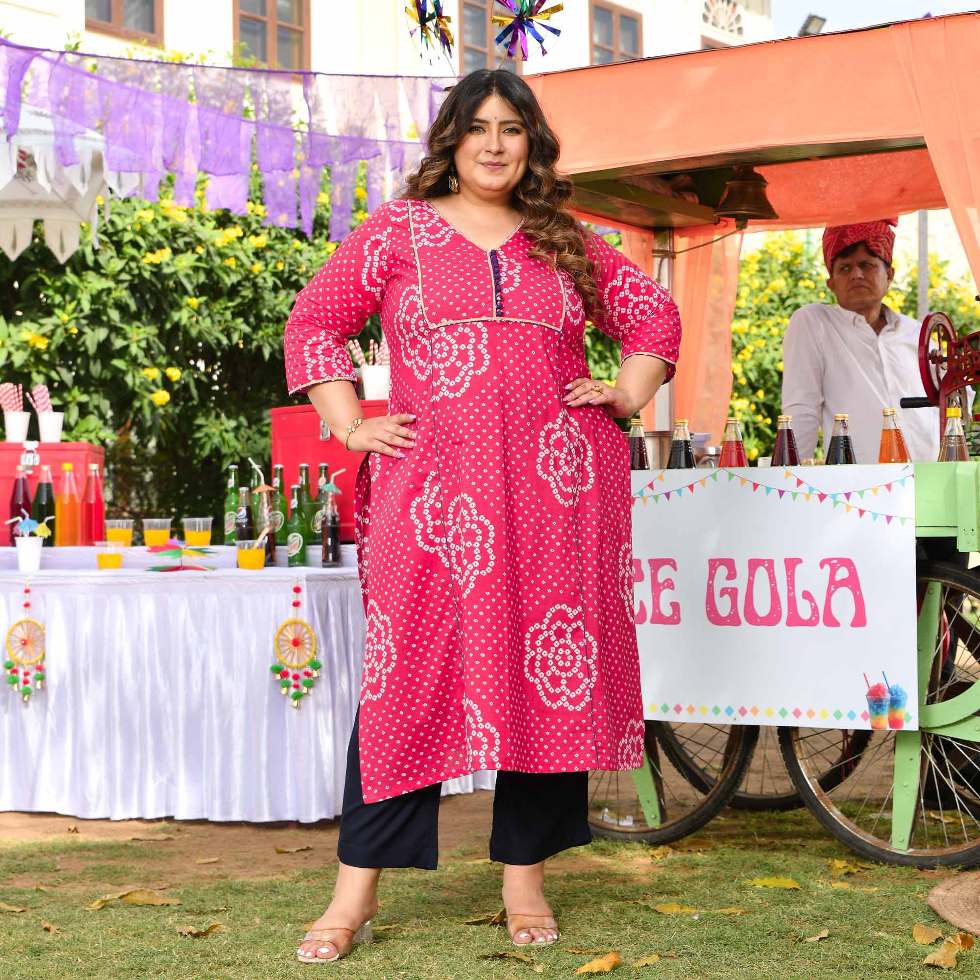 Gulkand- Raspberry Pink Bandhani Printed Pure Cotton Aline Slit Kurta