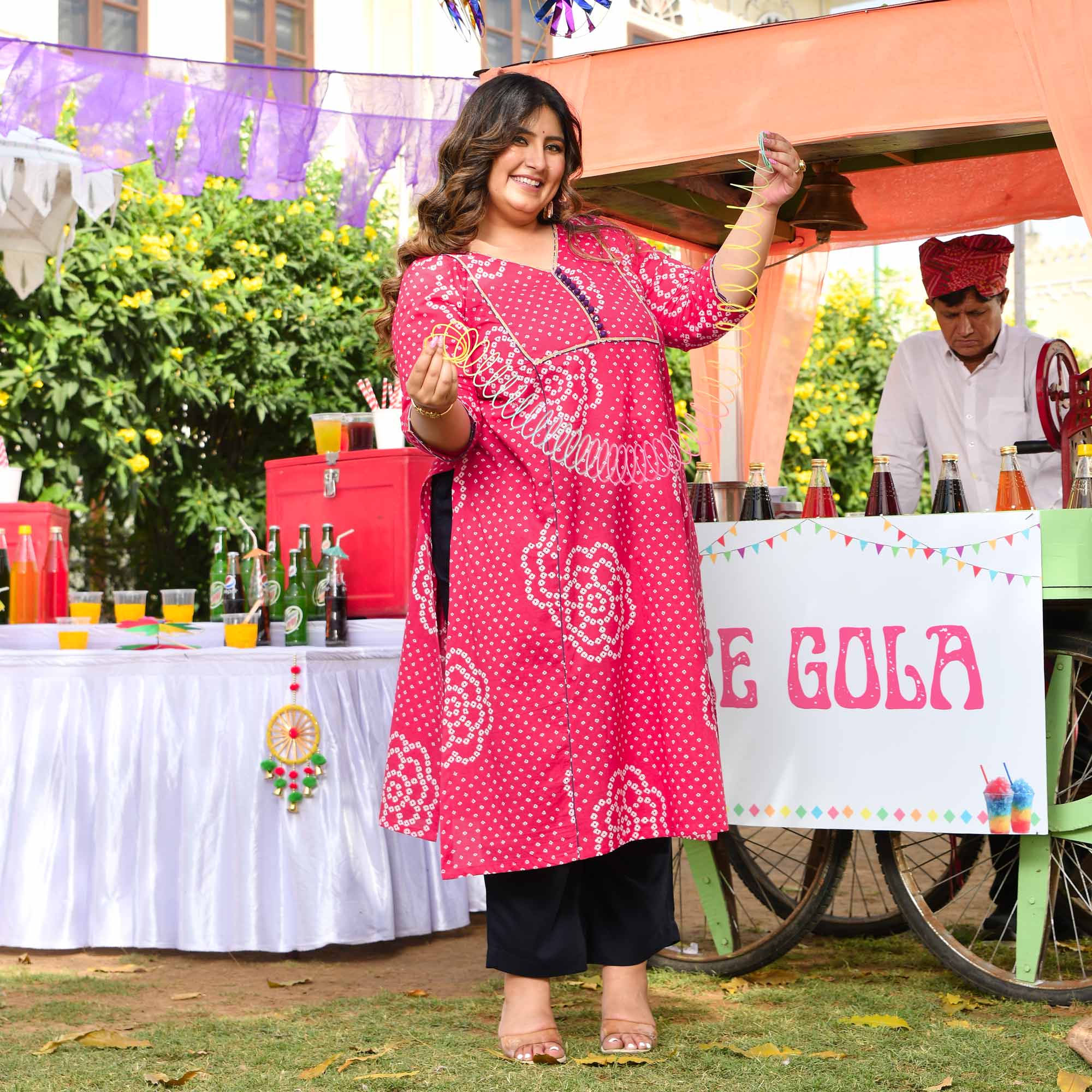 Gulkand- Raspberry Pink Bandhani Printed Pure Cotton Aline Slit Kurta