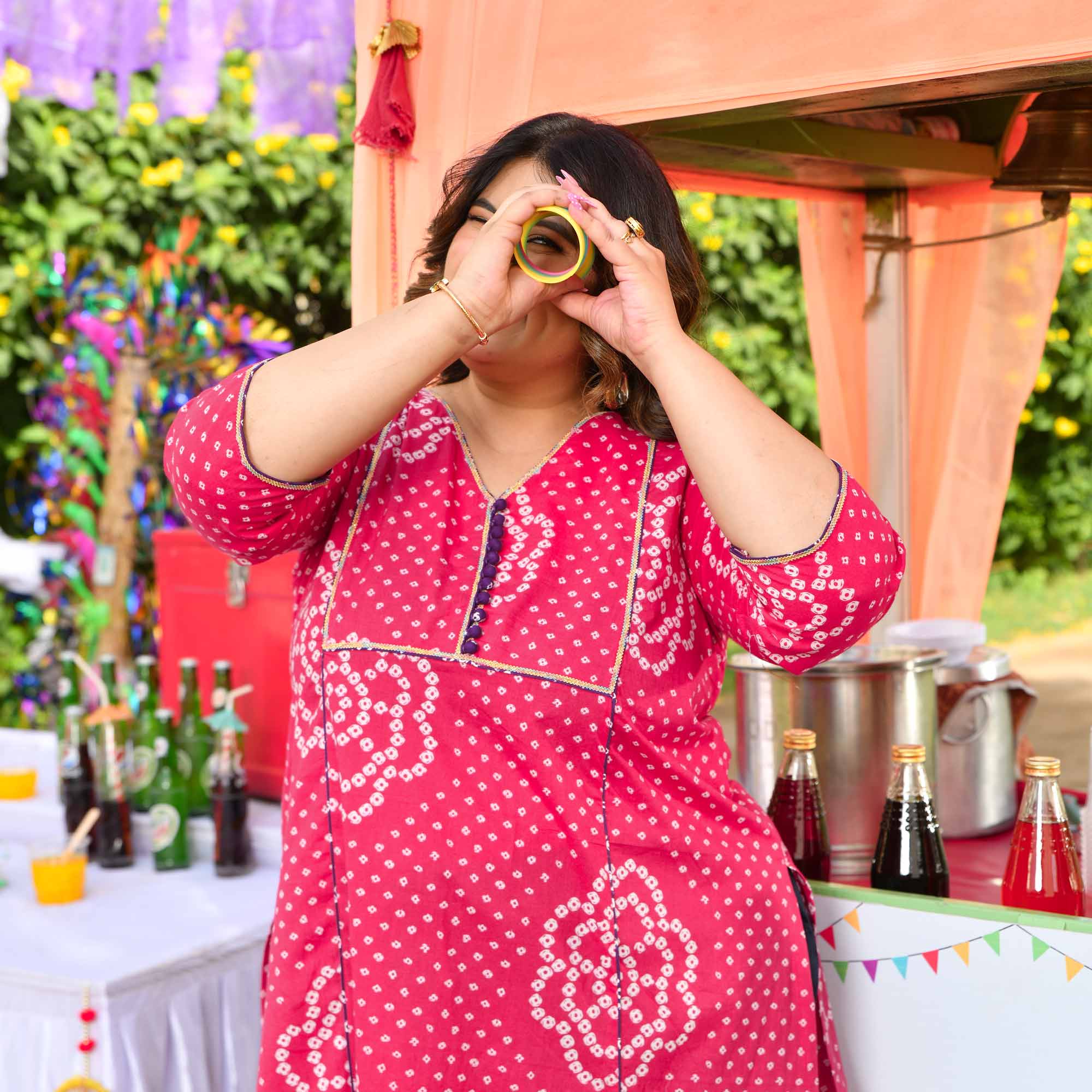 Gulkand- Raspberry Pink Bandhani Printed Pure Cotton Aline Slit Kurta