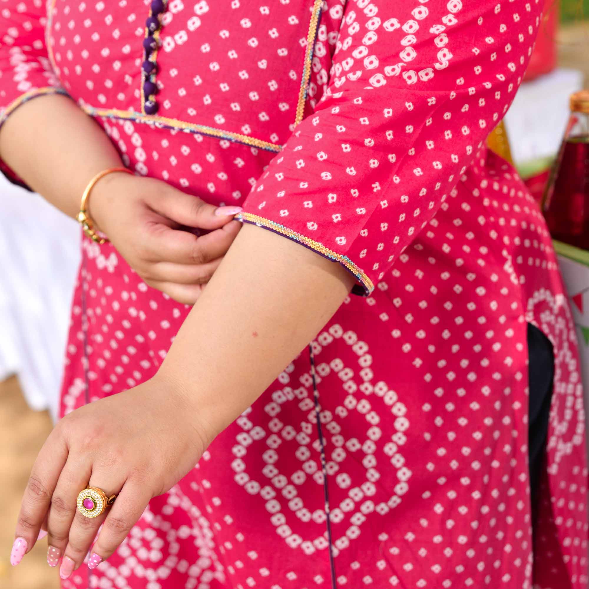 Gulkand- Raspberry Pink Bandhani Printed Pure Cotton Aline Slit Kurta