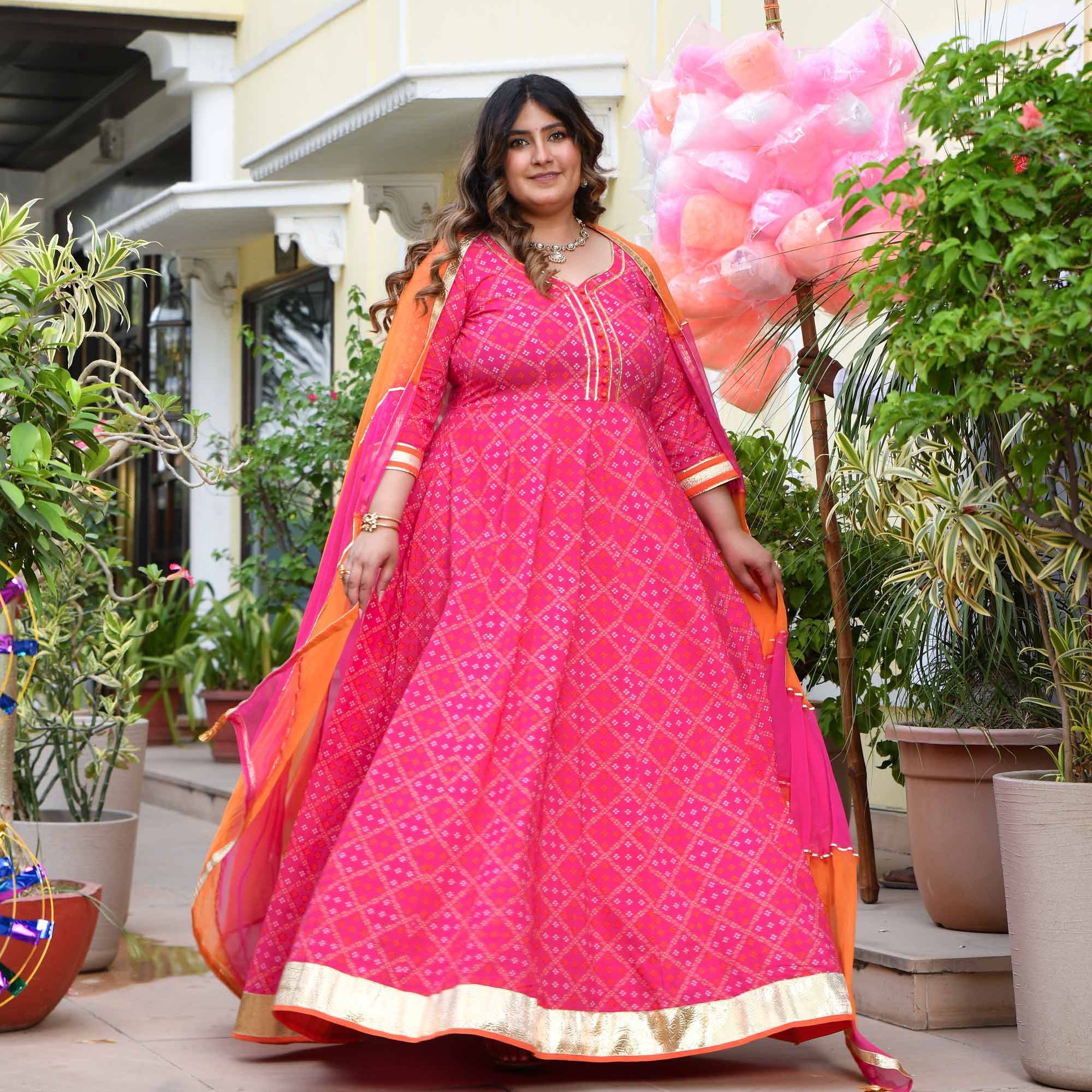 Phirki- Pink Bandhani Pure Cotton Anarkali Set