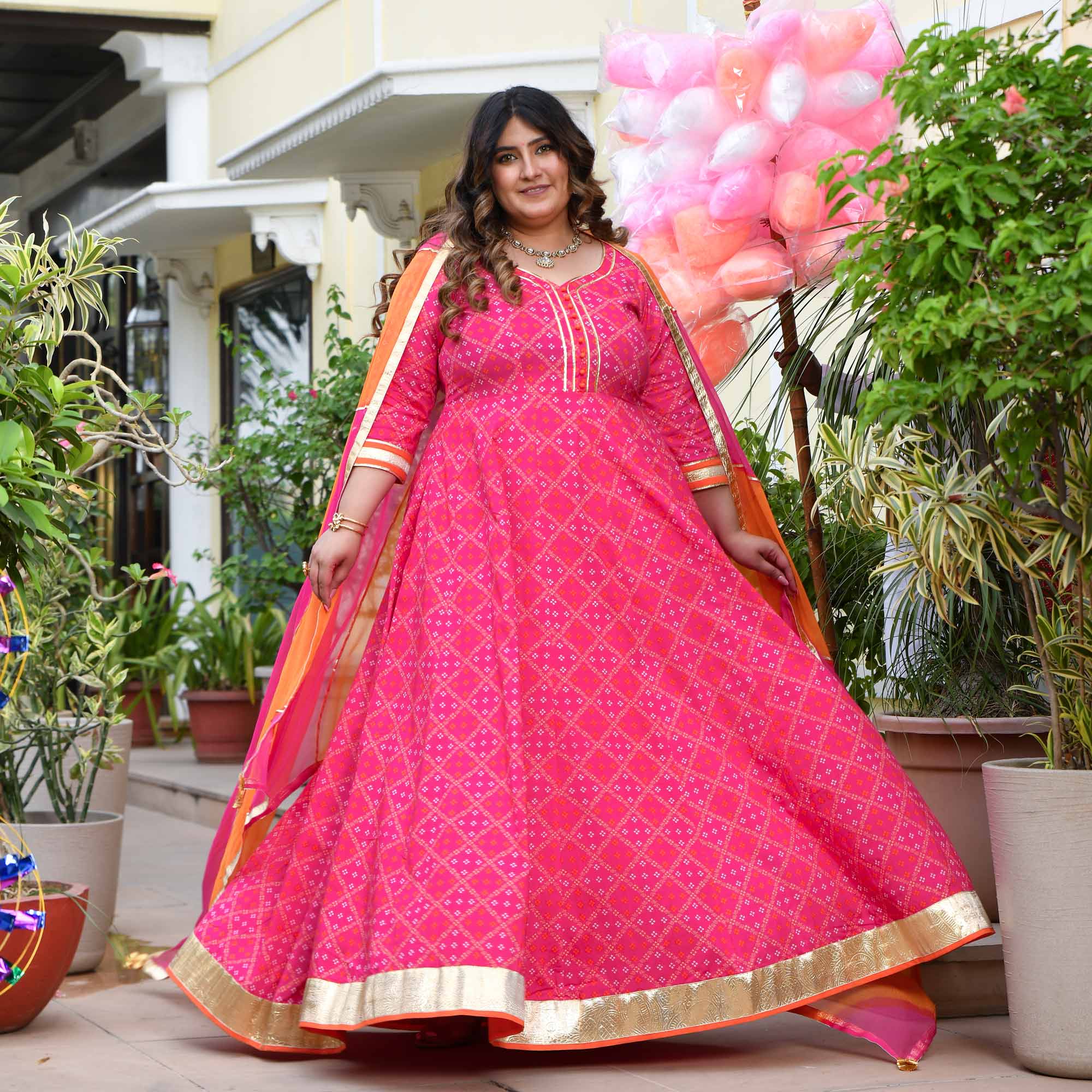 Phirki- Pink Bandhani Pure Cotton Anarkali Set