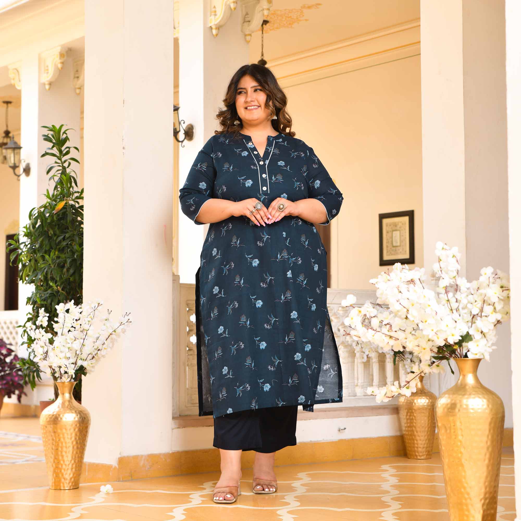 Mixed Berries- Prussian Blue Floral Printed Pure Cotton Kurta