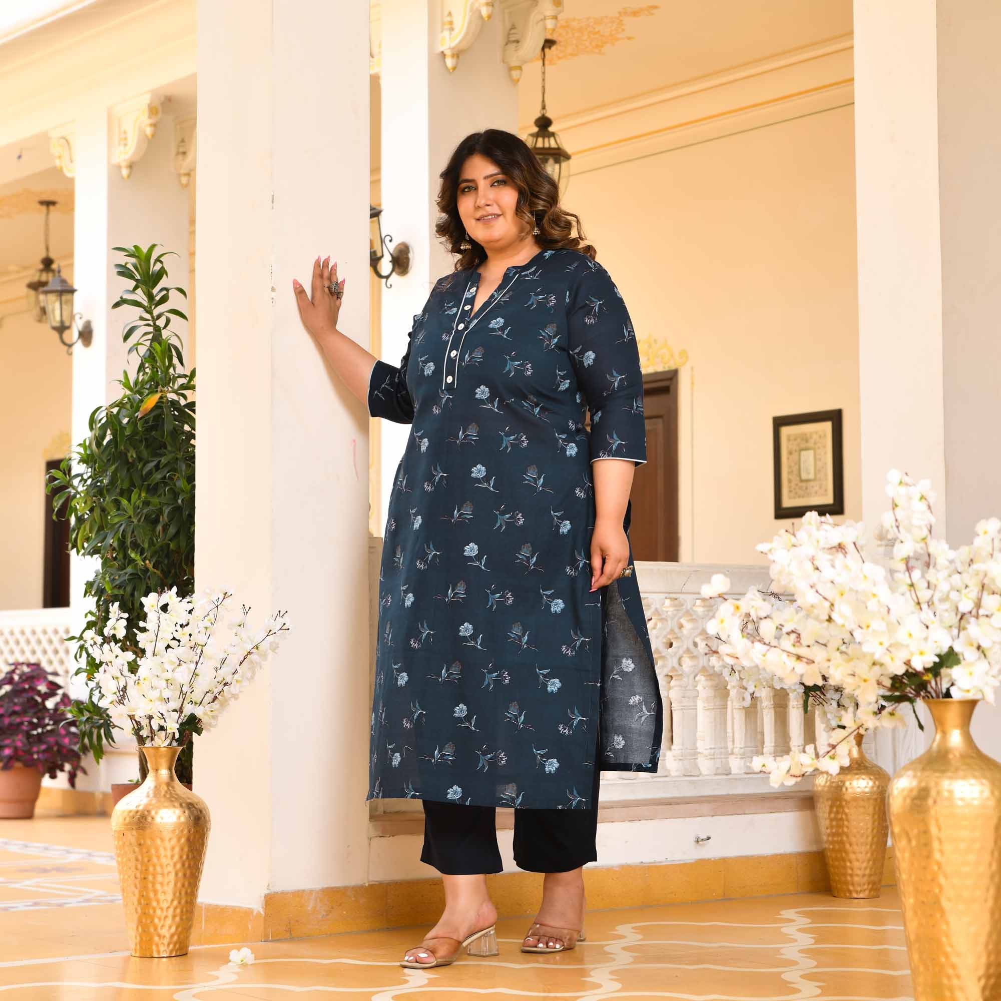 Mixed Berries- Prussian Blue Floral Printed Pure Cotton Kurta