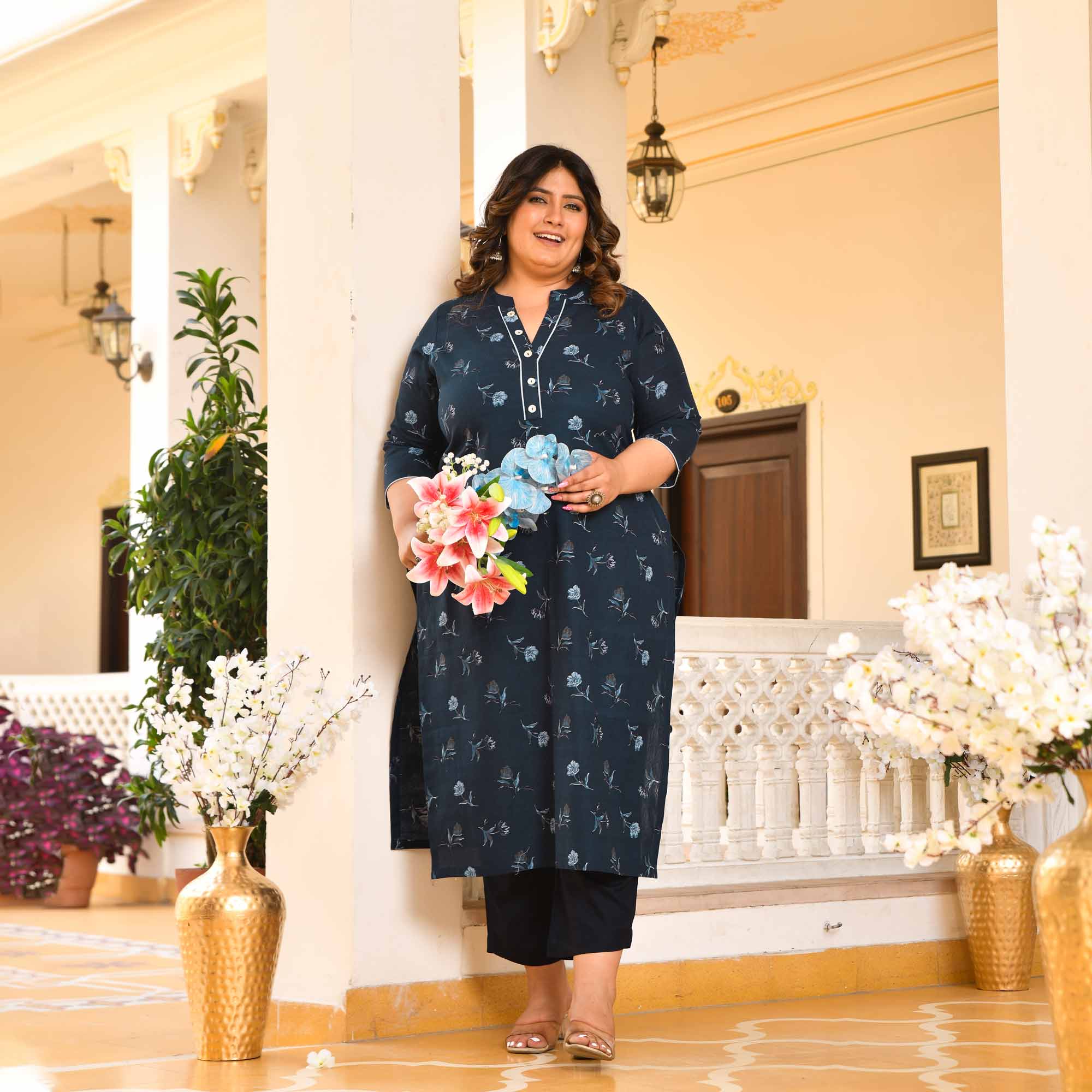 Mixed Berries- Prussian Blue Floral Printed Pure Cotton Kurta