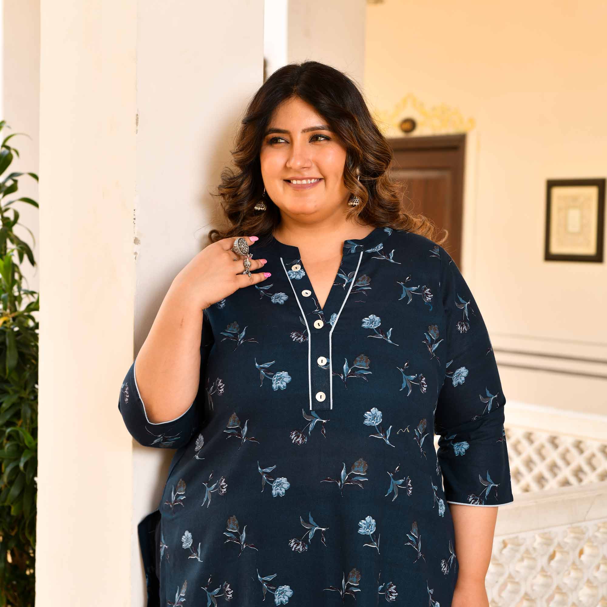 Mixed Berries- Prussian Blue Floral Printed Pure Cotton Kurta