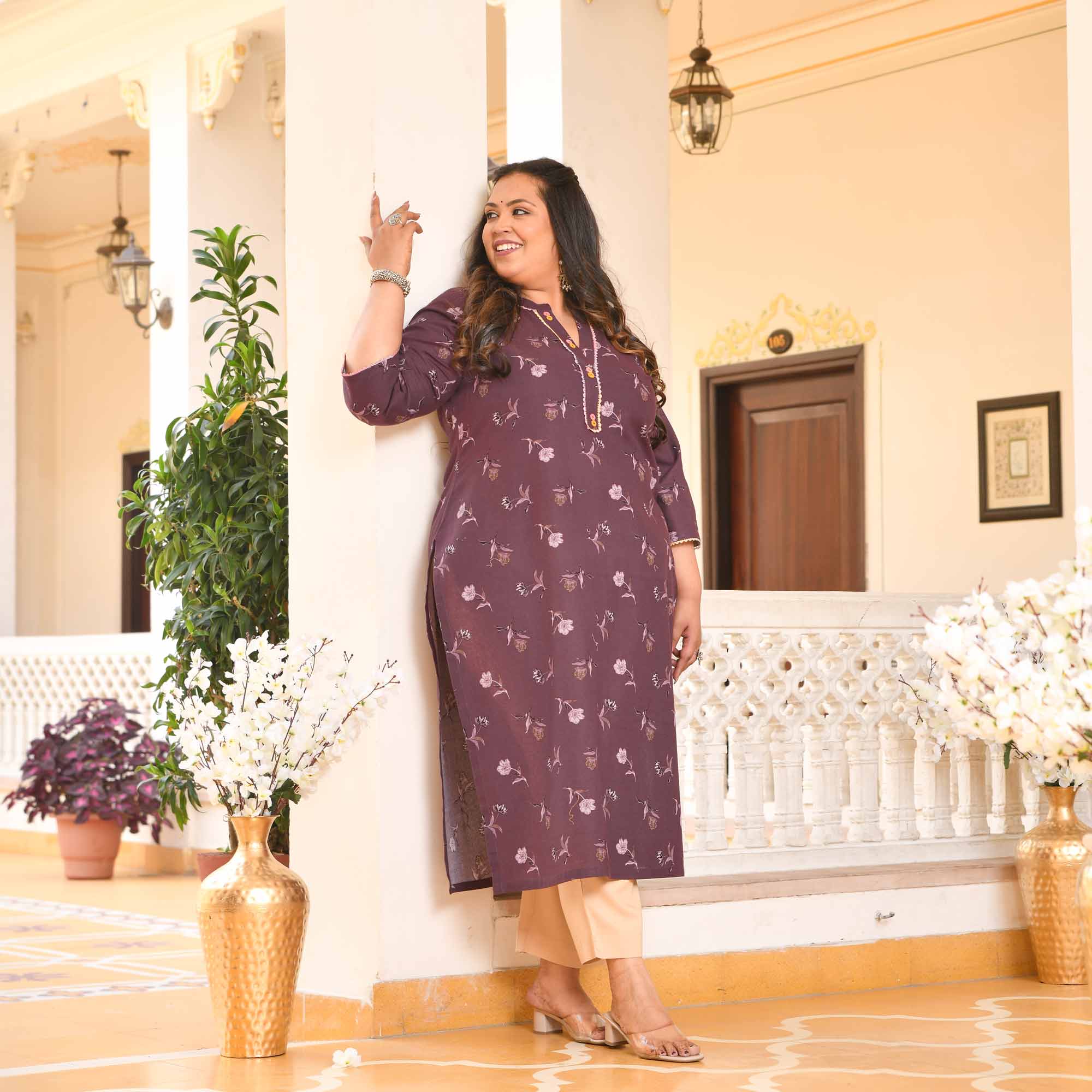 Plum Cake- Wine Floral Printed Pure Cotton Kurta