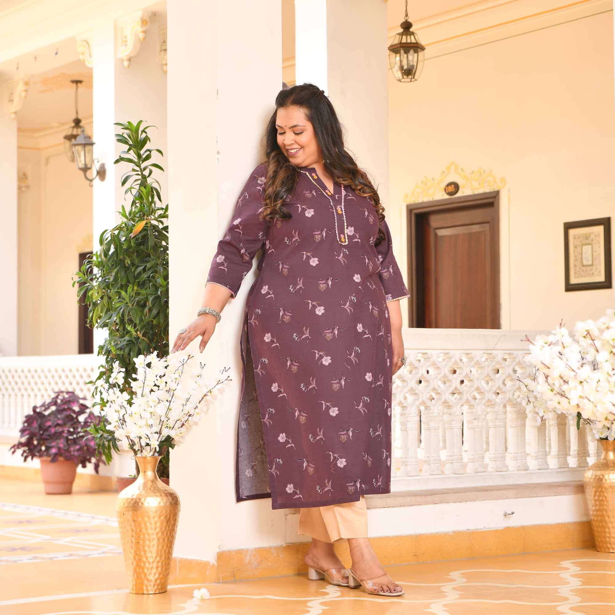 Plum Cake- Wine Floral Printed Pure Cotton Kurta