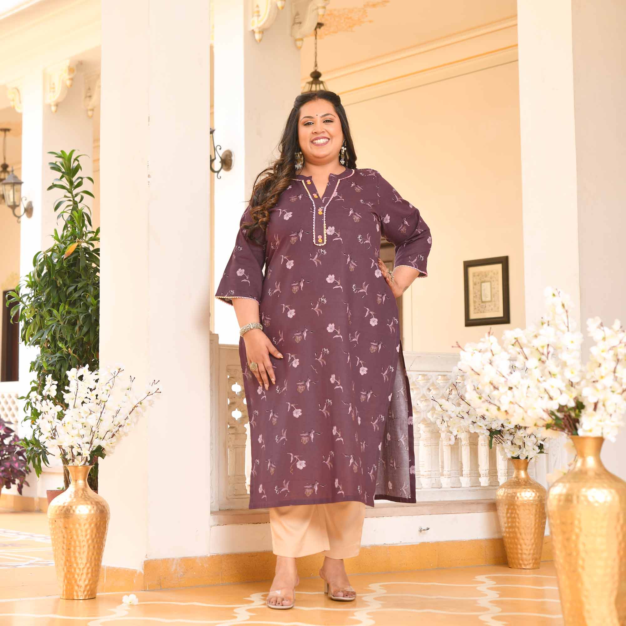 Plum Cake- Wine Floral Printed Pure Cotton Kurta