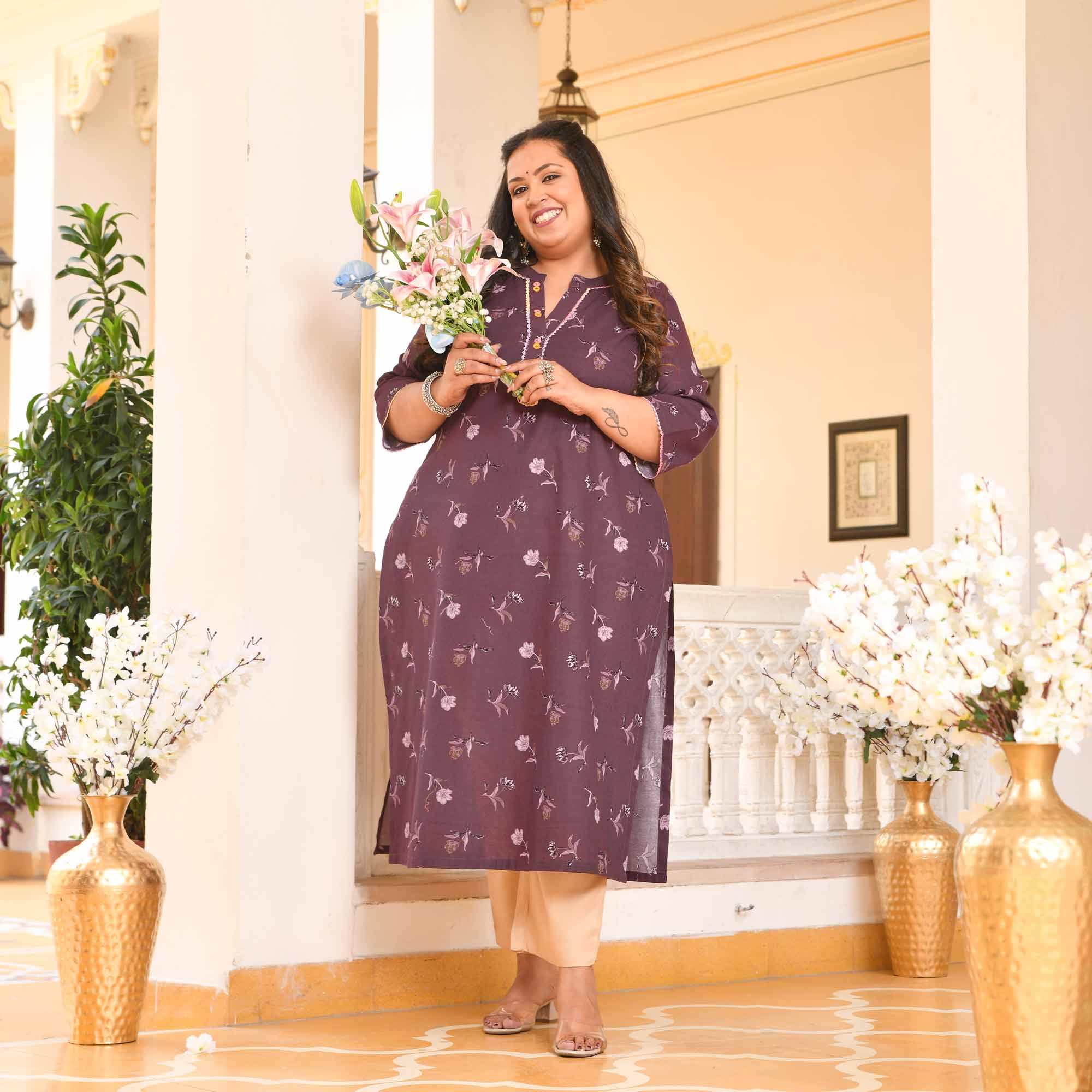 Plum Cake- Wine Floral Printed Pure Cotton Kurta