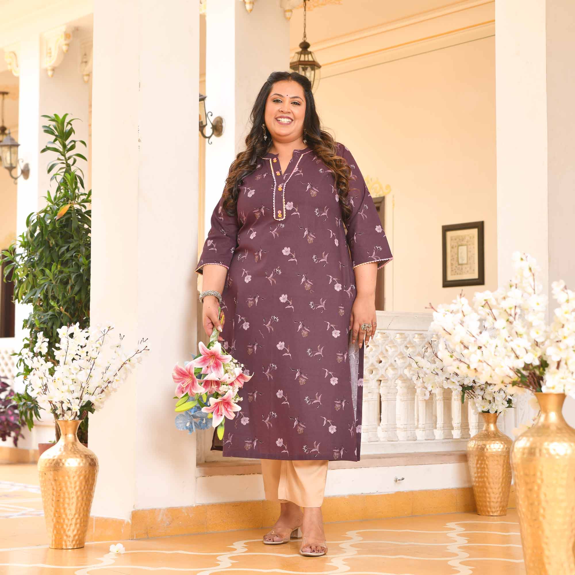 Plum Cake- Wine Floral Printed Pure Cotton Kurta