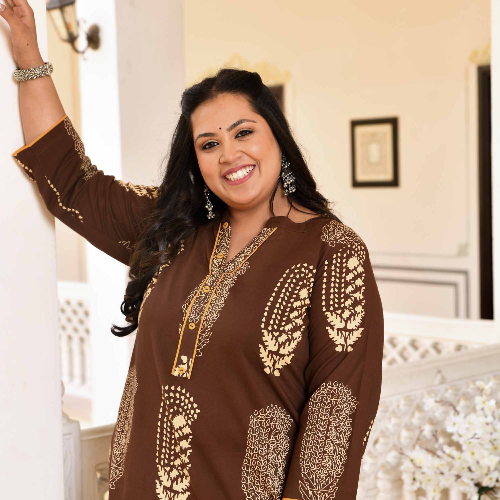 Belgian Chocolate- Brown Butta Printed Pure Cotton Kurta