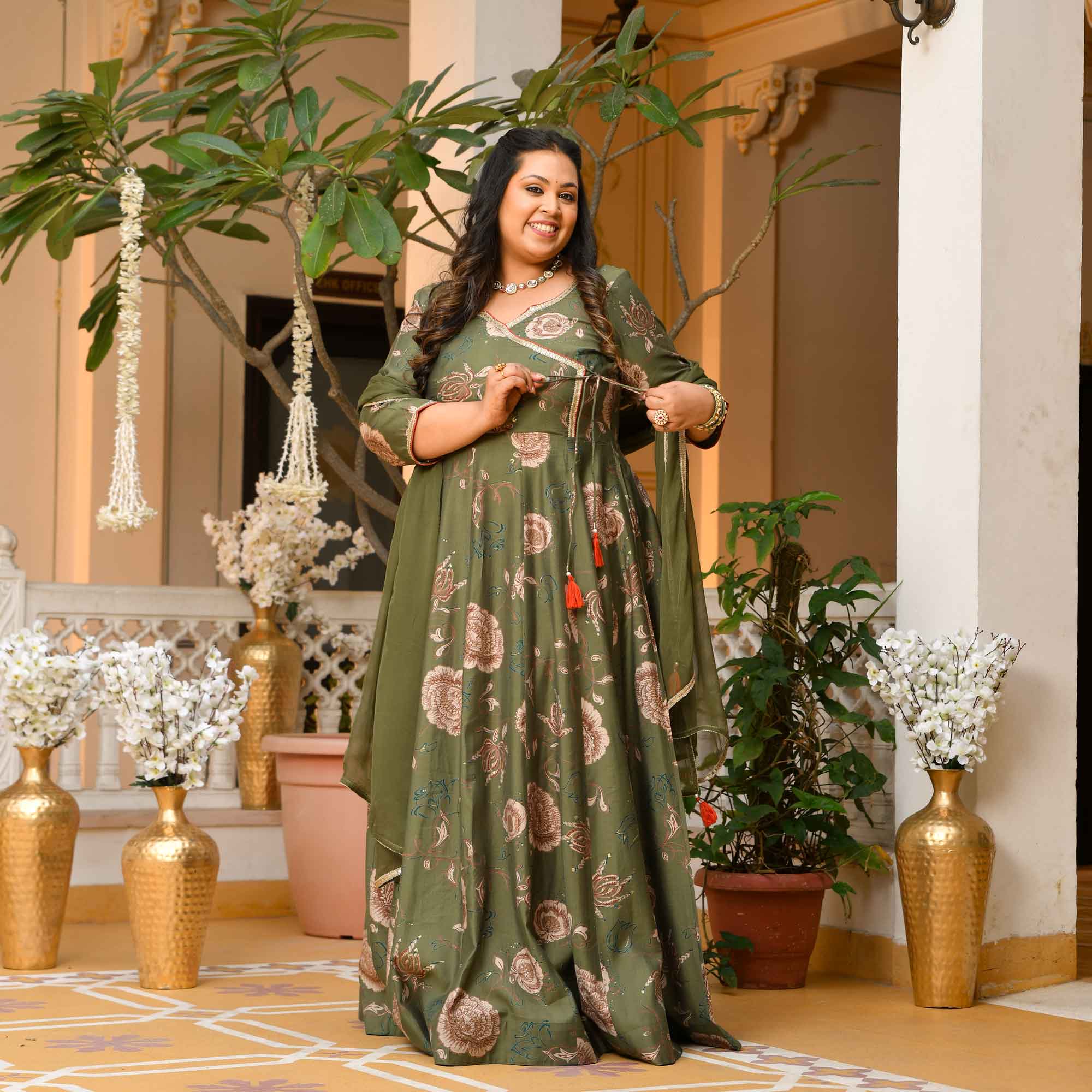 Dori- Dark Olive Green Floral Print Modal Viscose Blend Anarkali Set