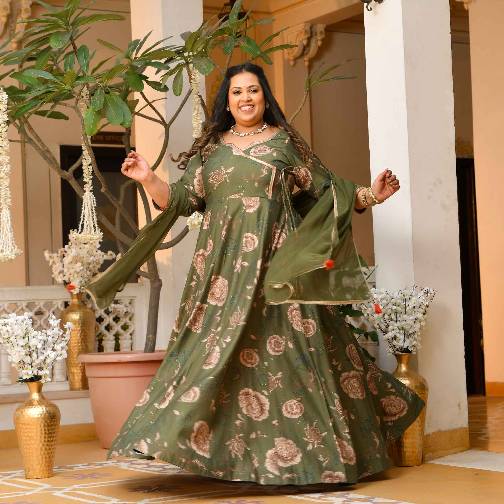 Dori- Dark Olive Green Floral Print Modal Viscose Blend Anarkali Set