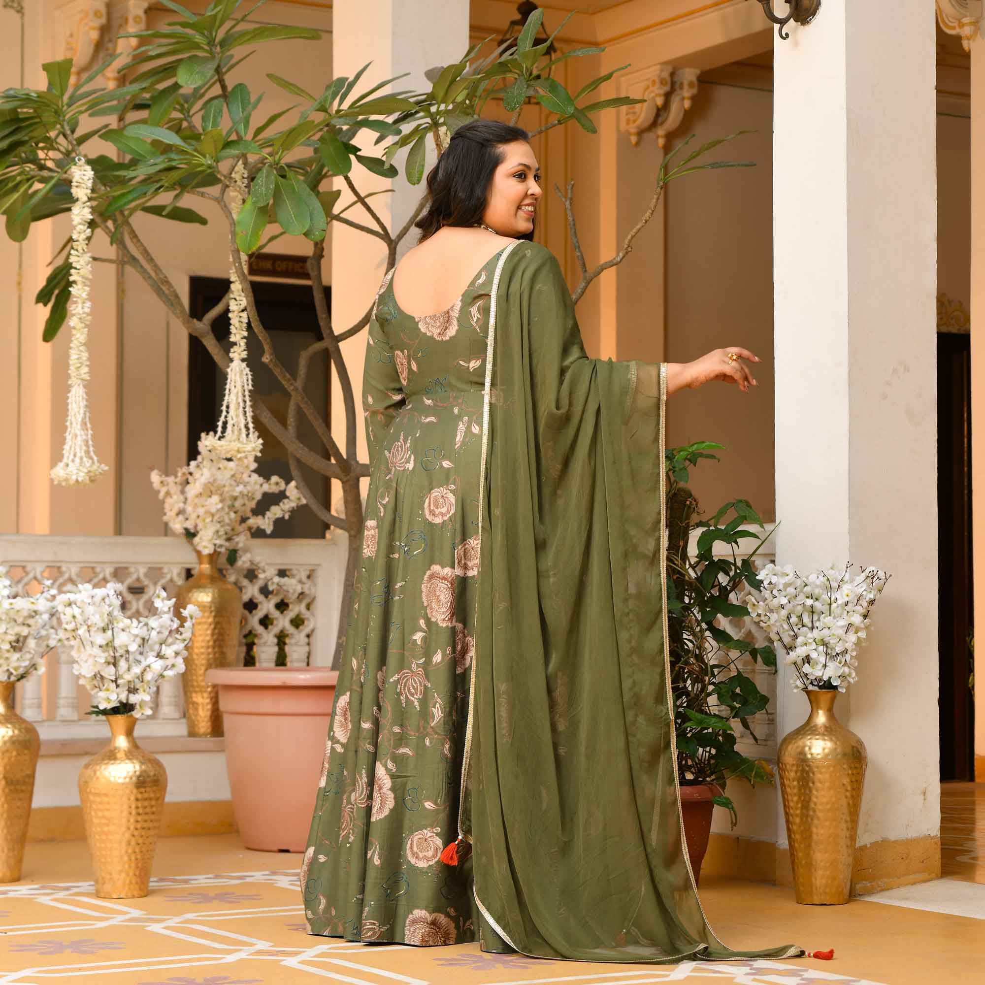 Dori- Dark Olive Green Floral Print Modal Viscose Blend Anarkali Set
