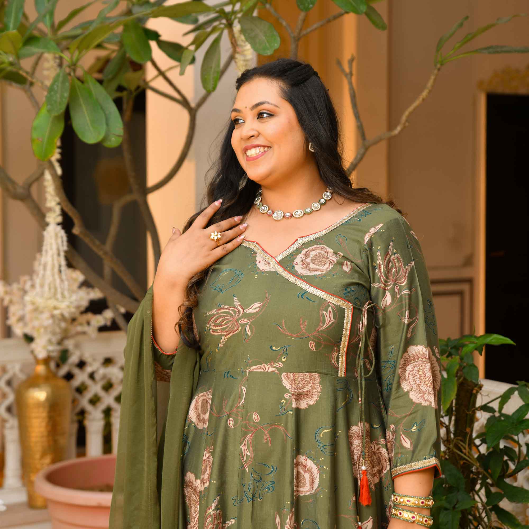 Dori- Dark Olive Green Floral Print Modal Viscose Blend Anarkali Set