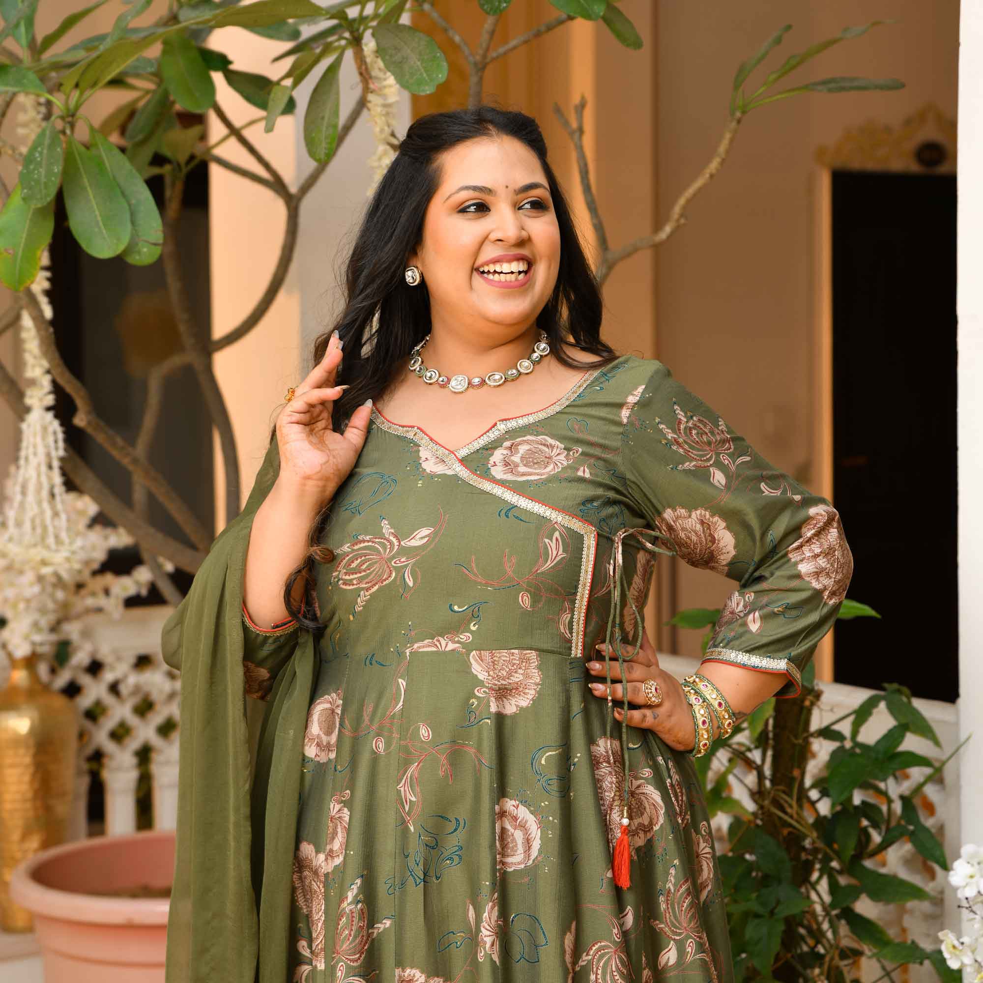 Dori- Dark Olive Green Floral Print Modal Viscose Blend Anarkali Set