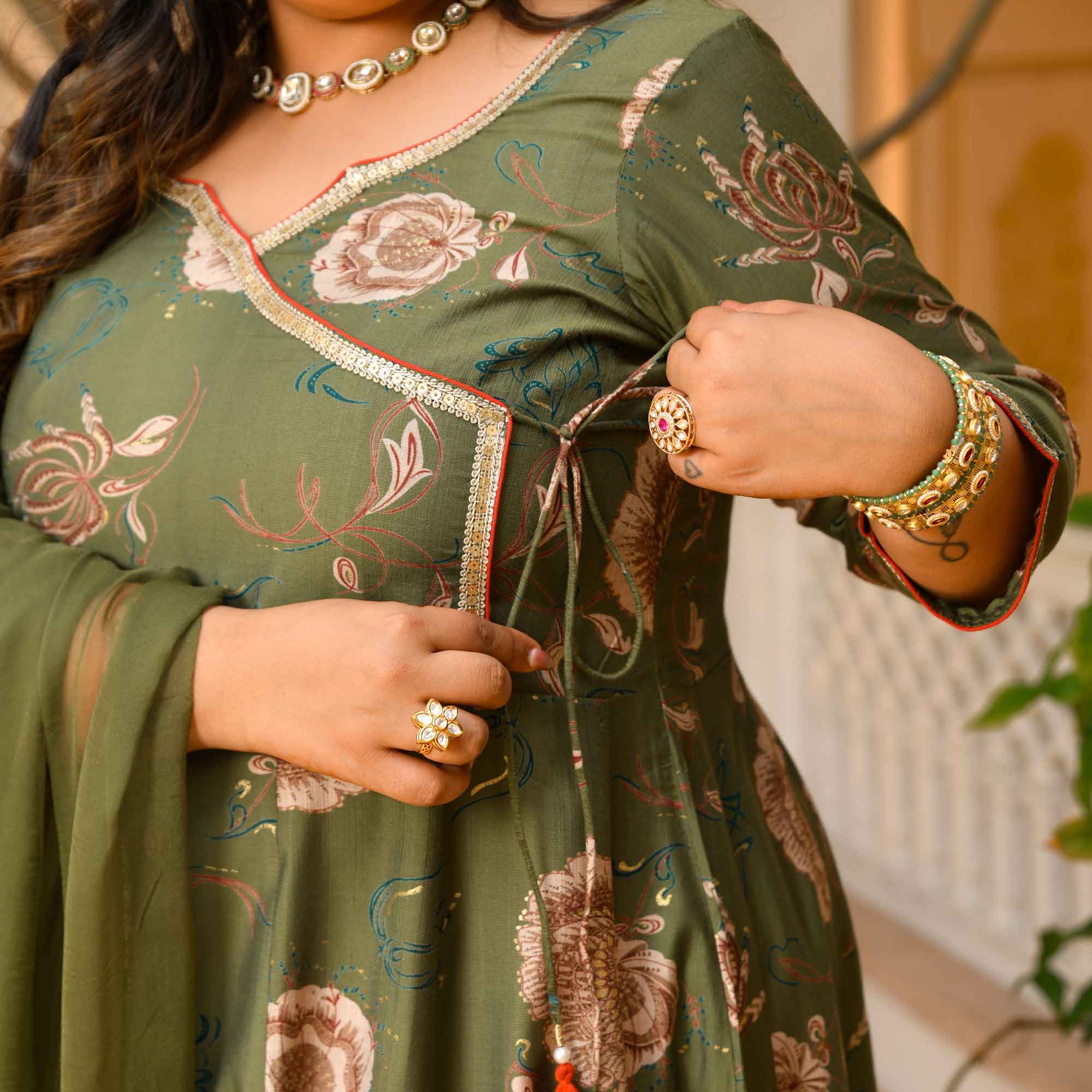 Dori- Dark Olive Green Floral Print Modal Viscose Blend Anarkali Set