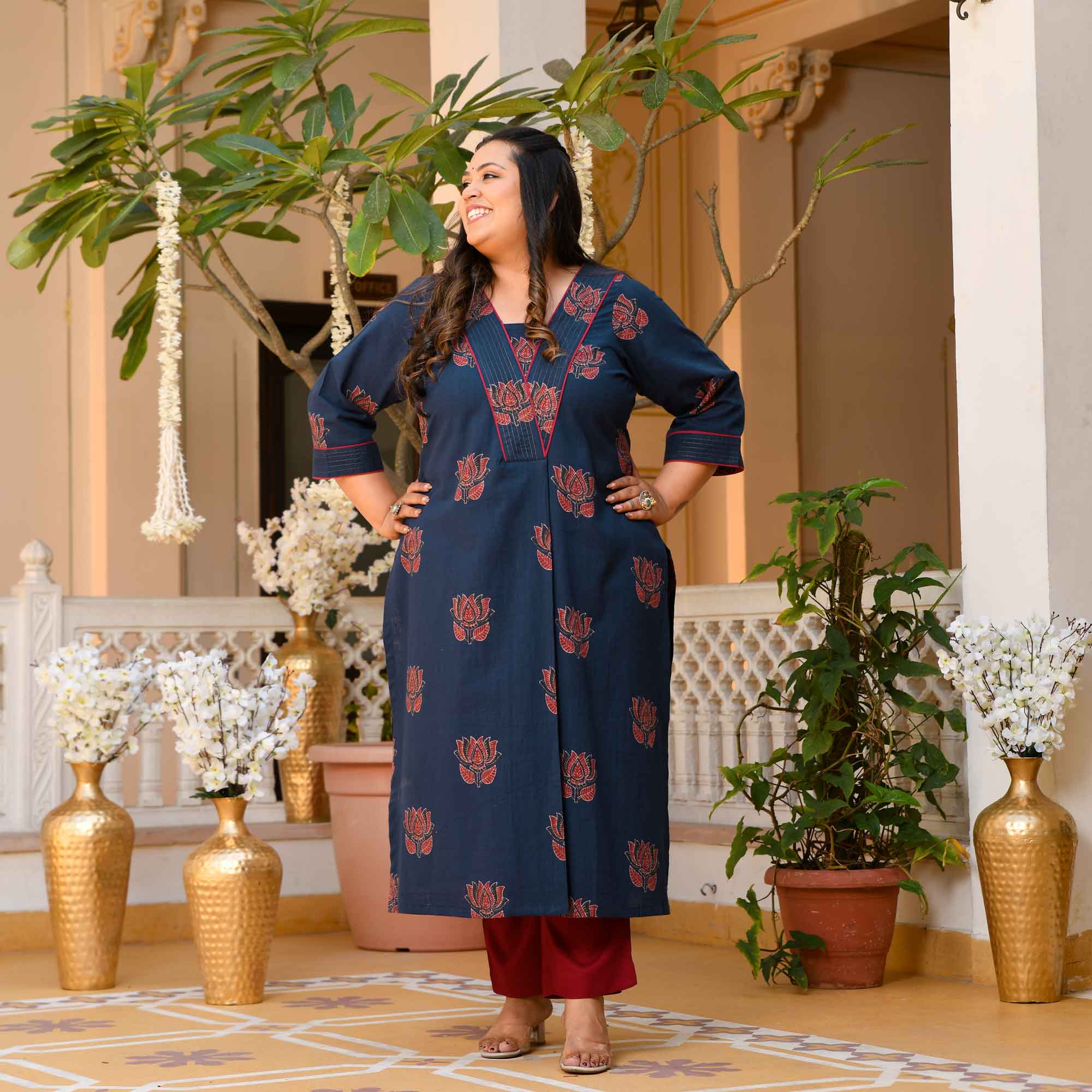 Kesar Pista- Navy Blue Lotus Ajrakh Pleated Pure Cotton Kurta