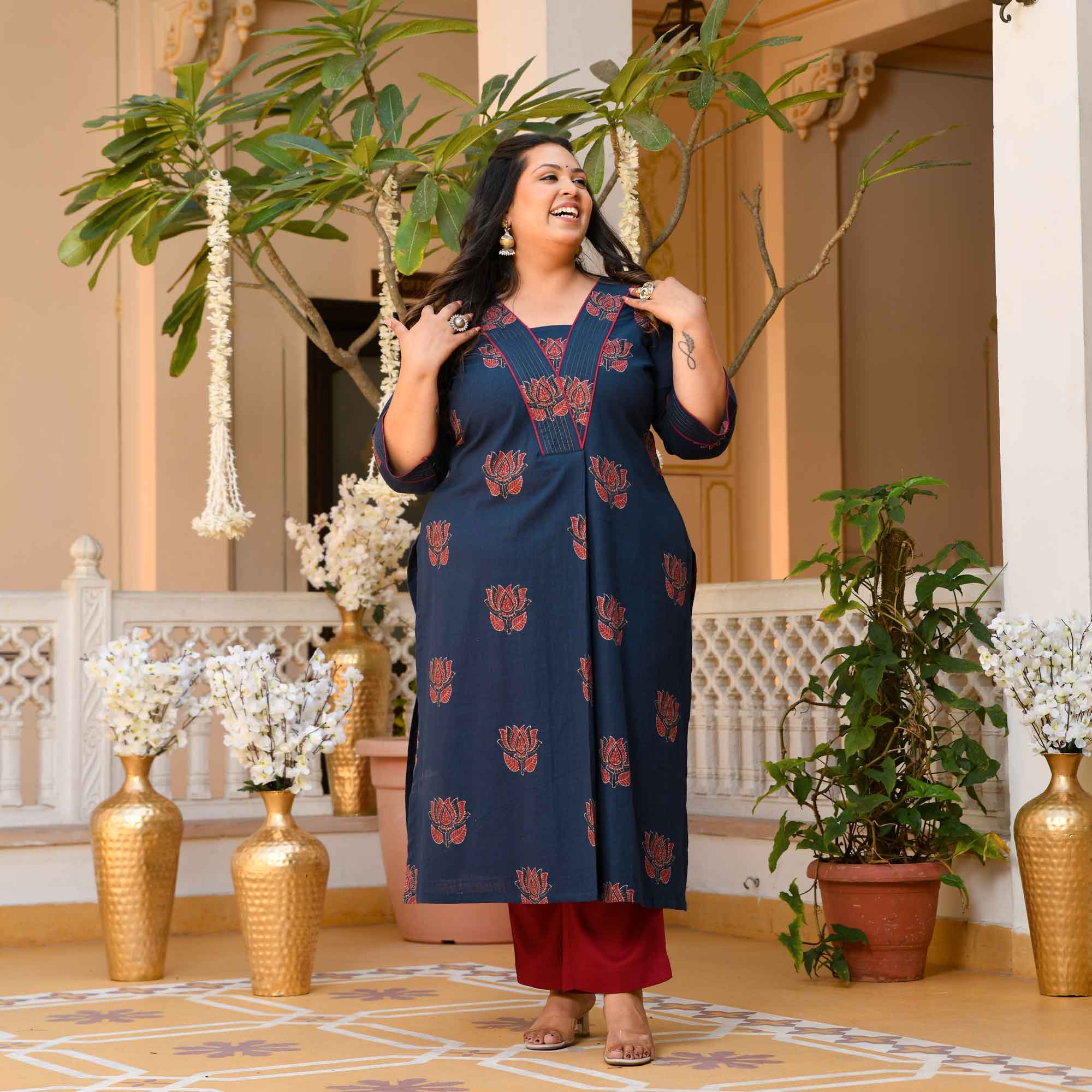 Kesar Pista- Navy Blue Lotus Ajrakh Pleated Pure Cotton Kurta